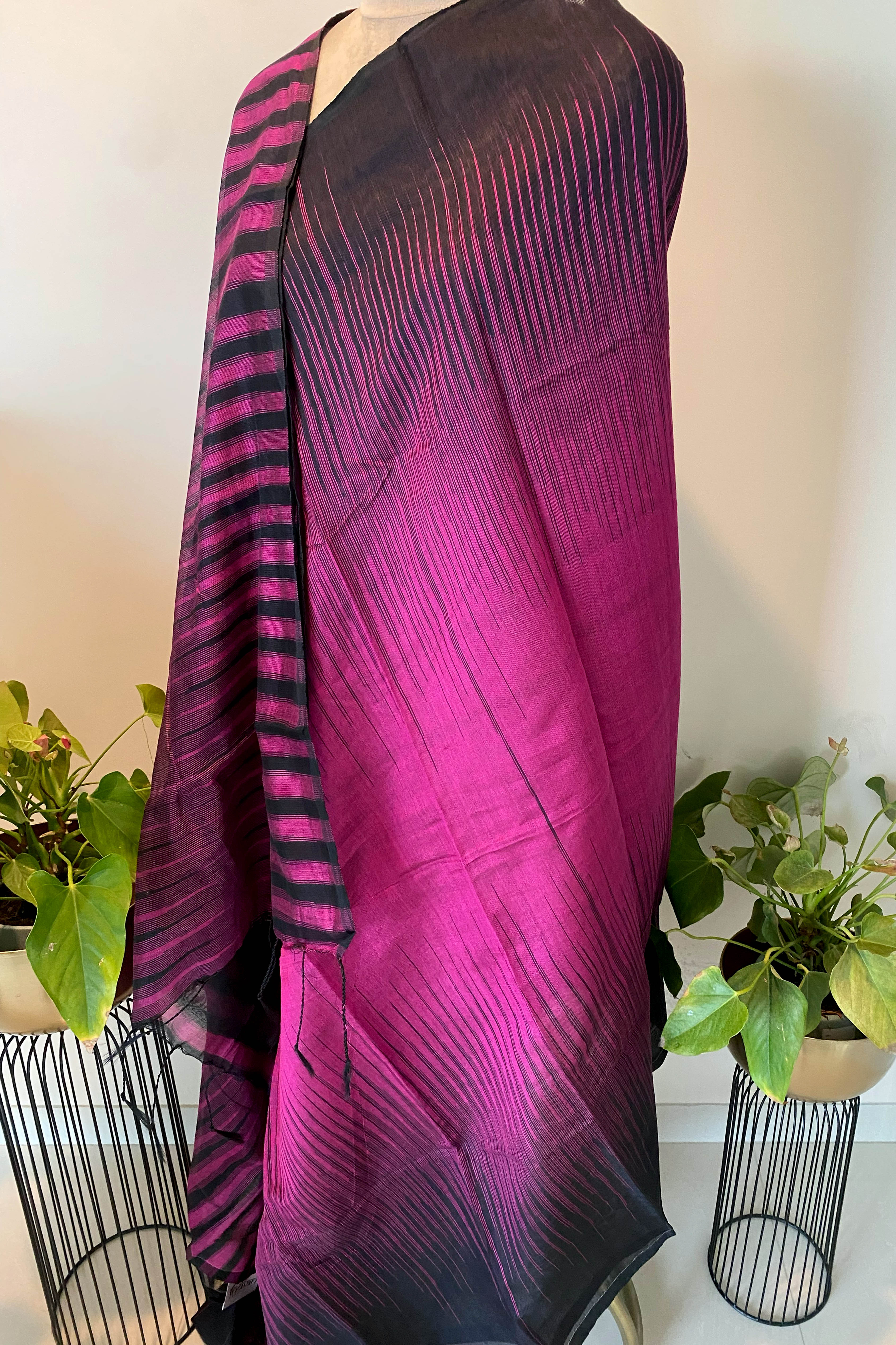 Magenta & Black Cotton Ikkat Saree - Indian Handloomz