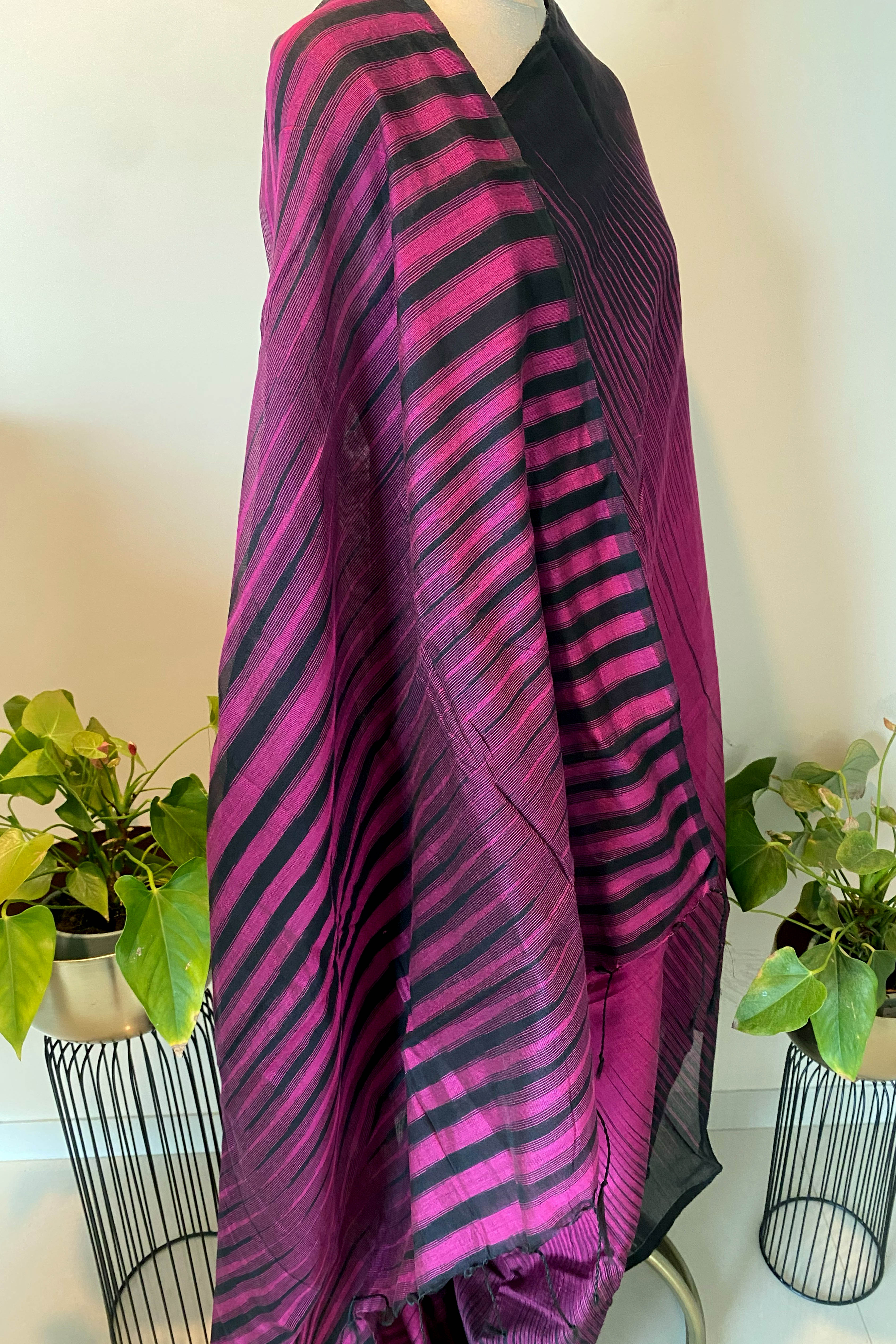 Magenta & Black Cotton Ikkat Saree - Indian Handloomz