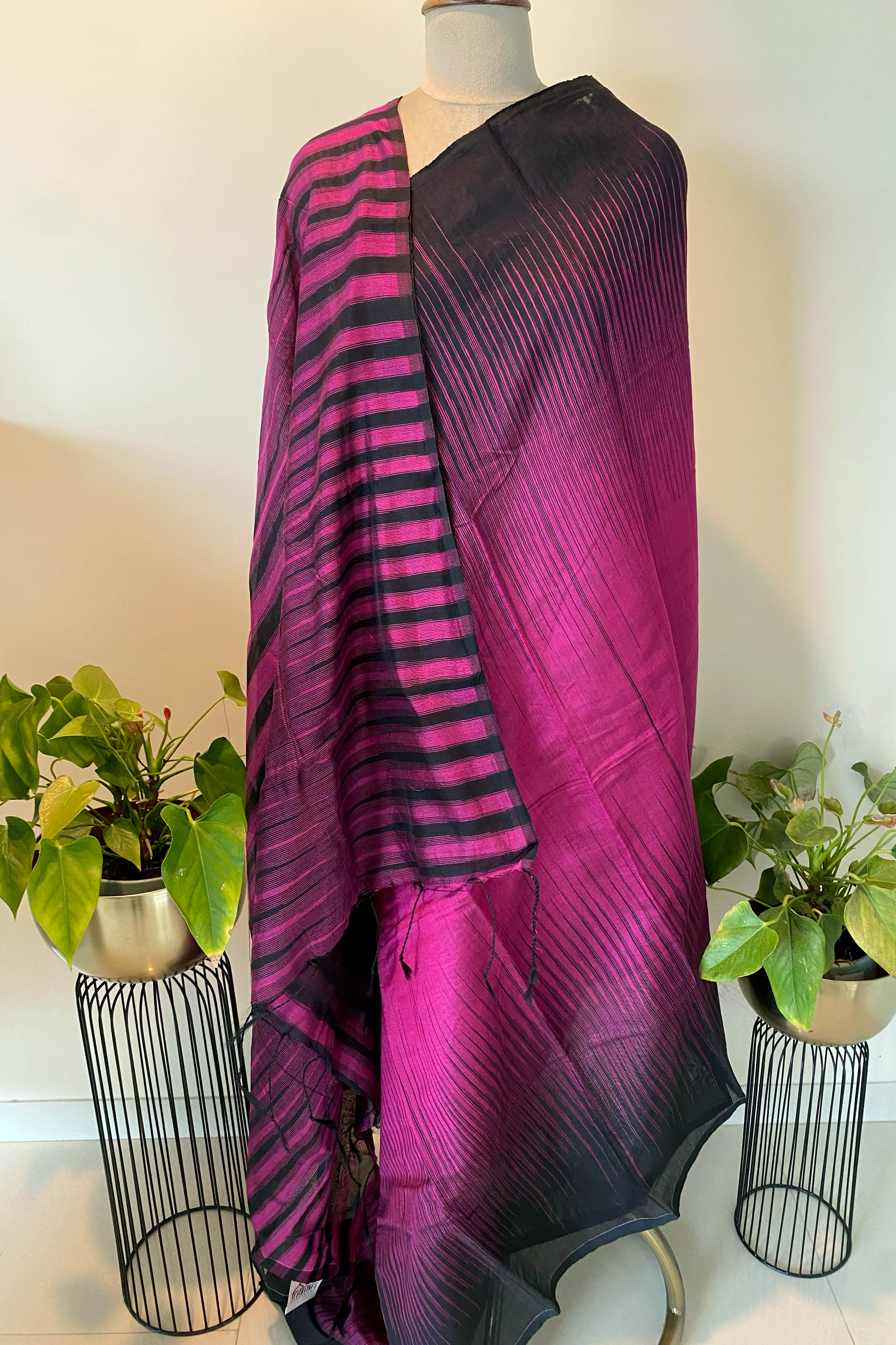 Magenta & Black Cotton Ikkat Saree - Indian Handloomz