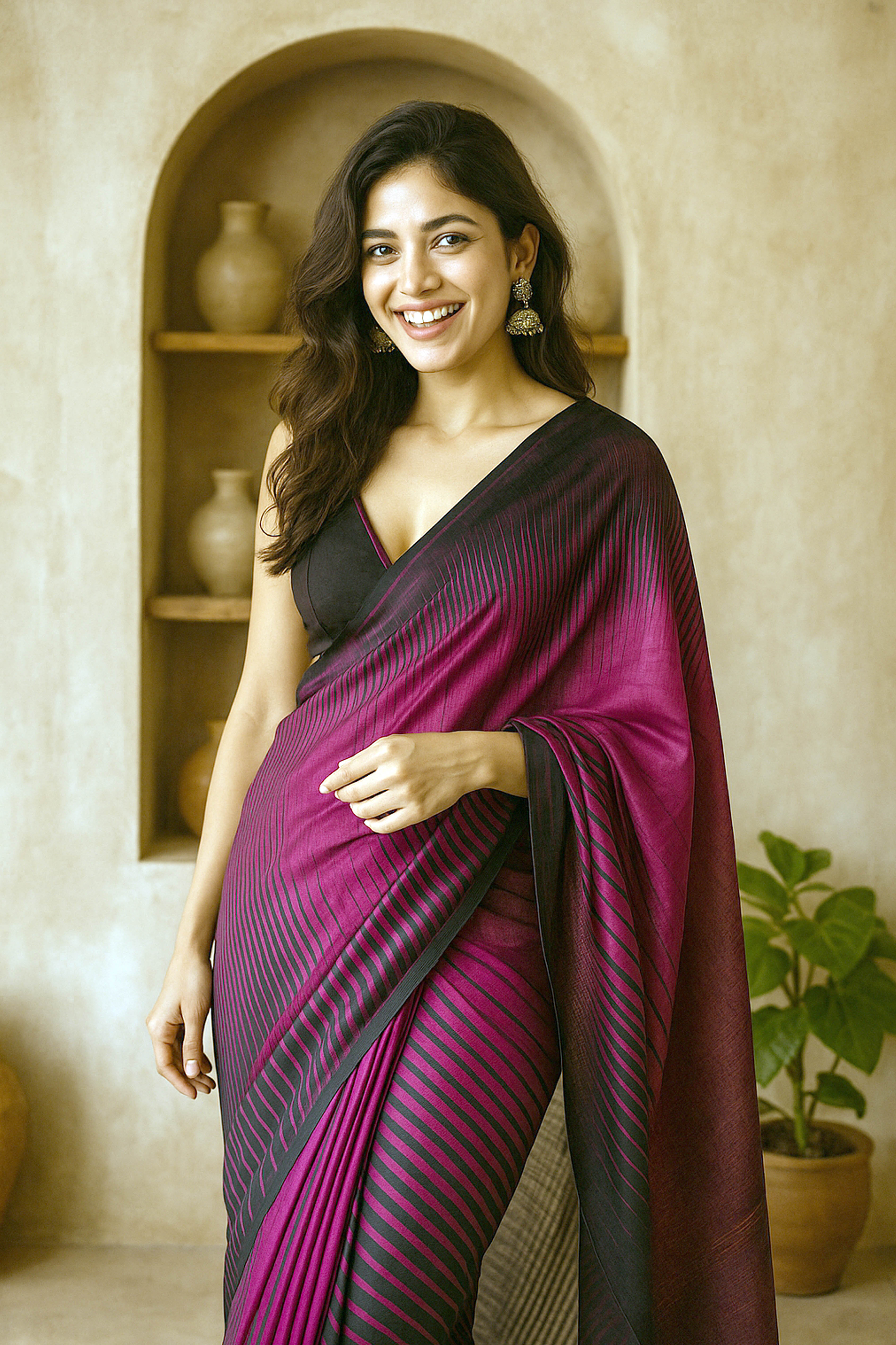 Magenta & Black Cotton Ikkat Saree - Indian Handloomz