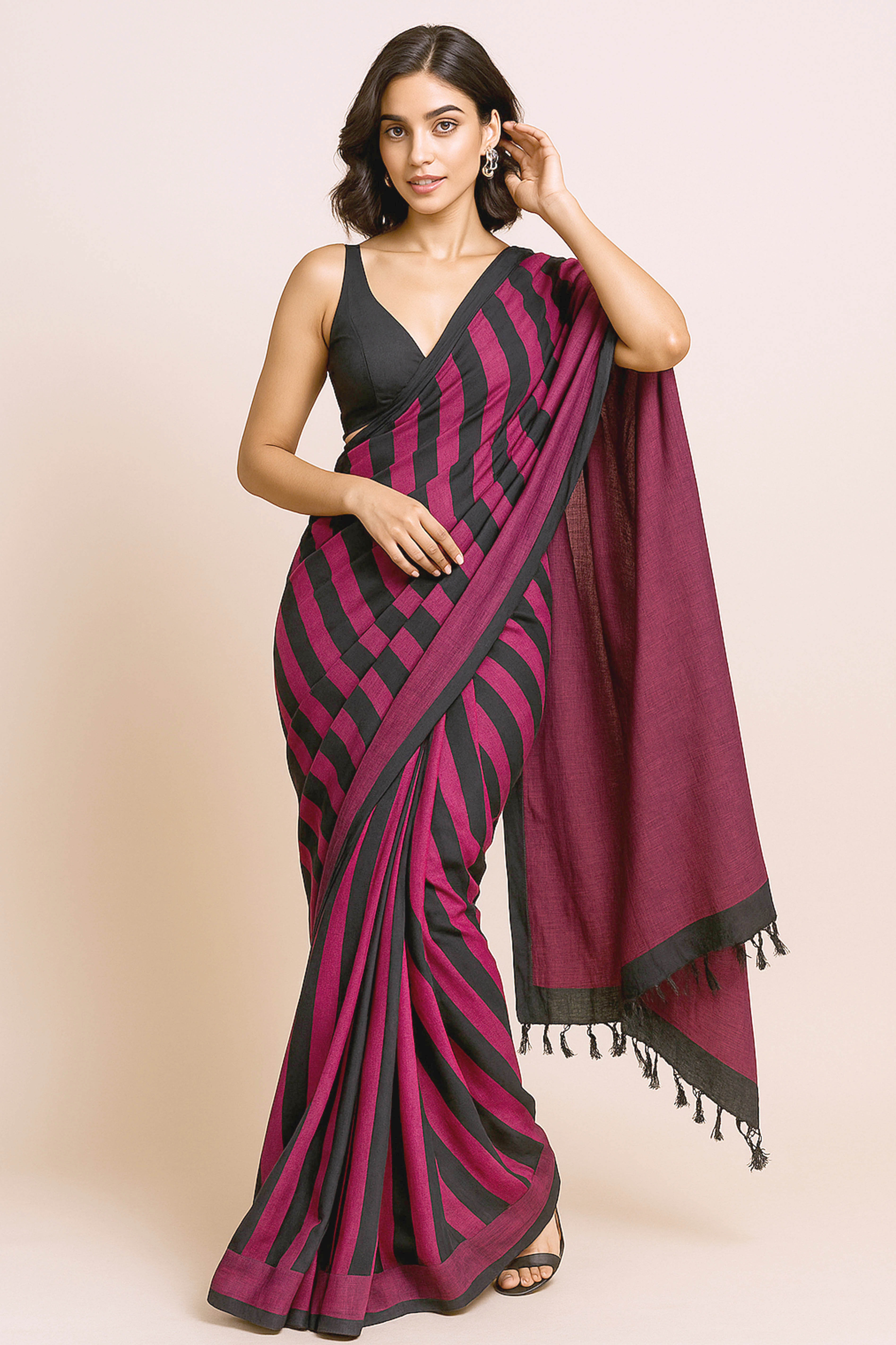 Magenta with Black Striped Cotton Saree - Indian Handloomz