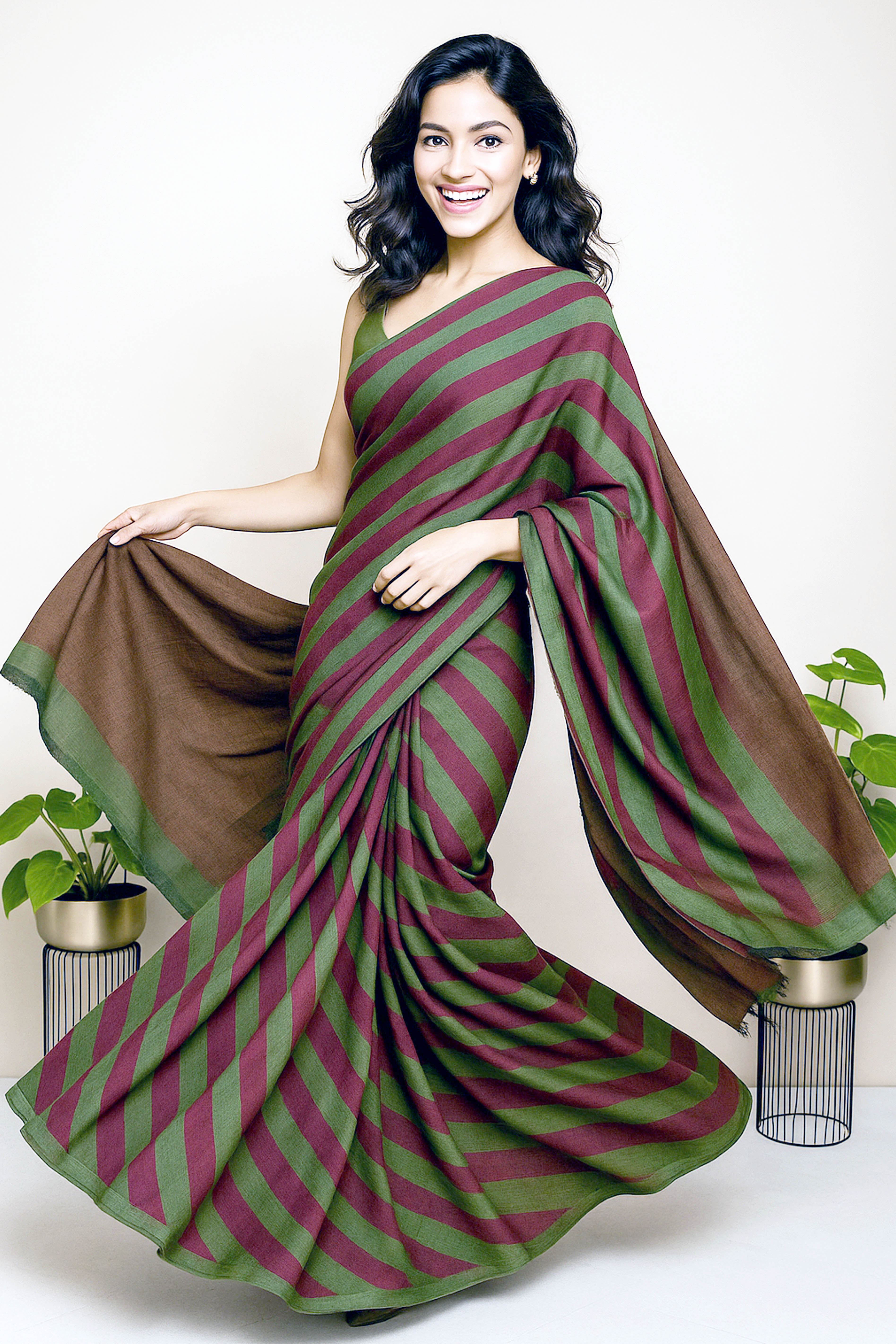 Magenta with Green Striped Cotton Saree - Indian Handloomz