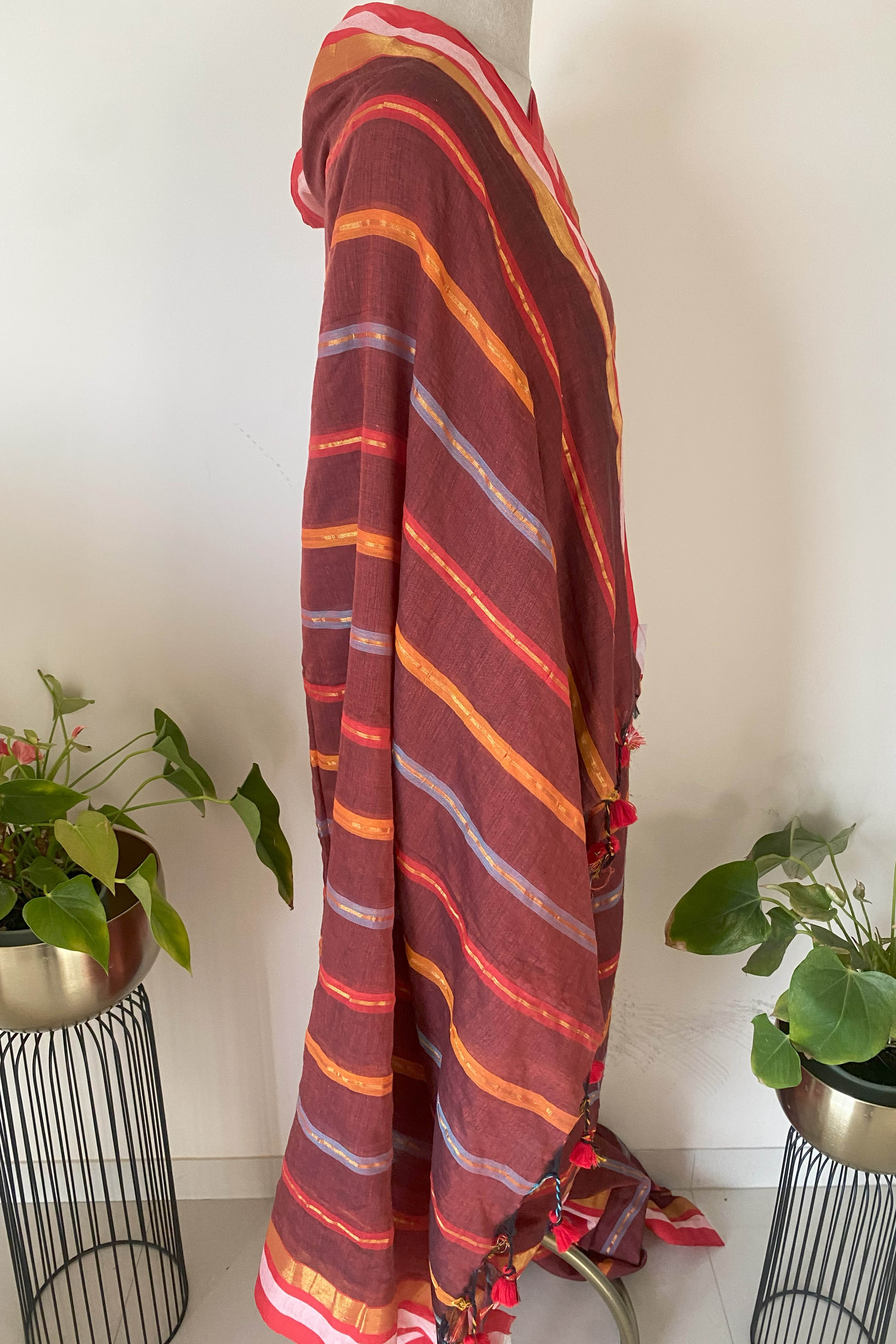 Mul Cotton saree in brown with multi colour zari stripes - Indian Handloomz