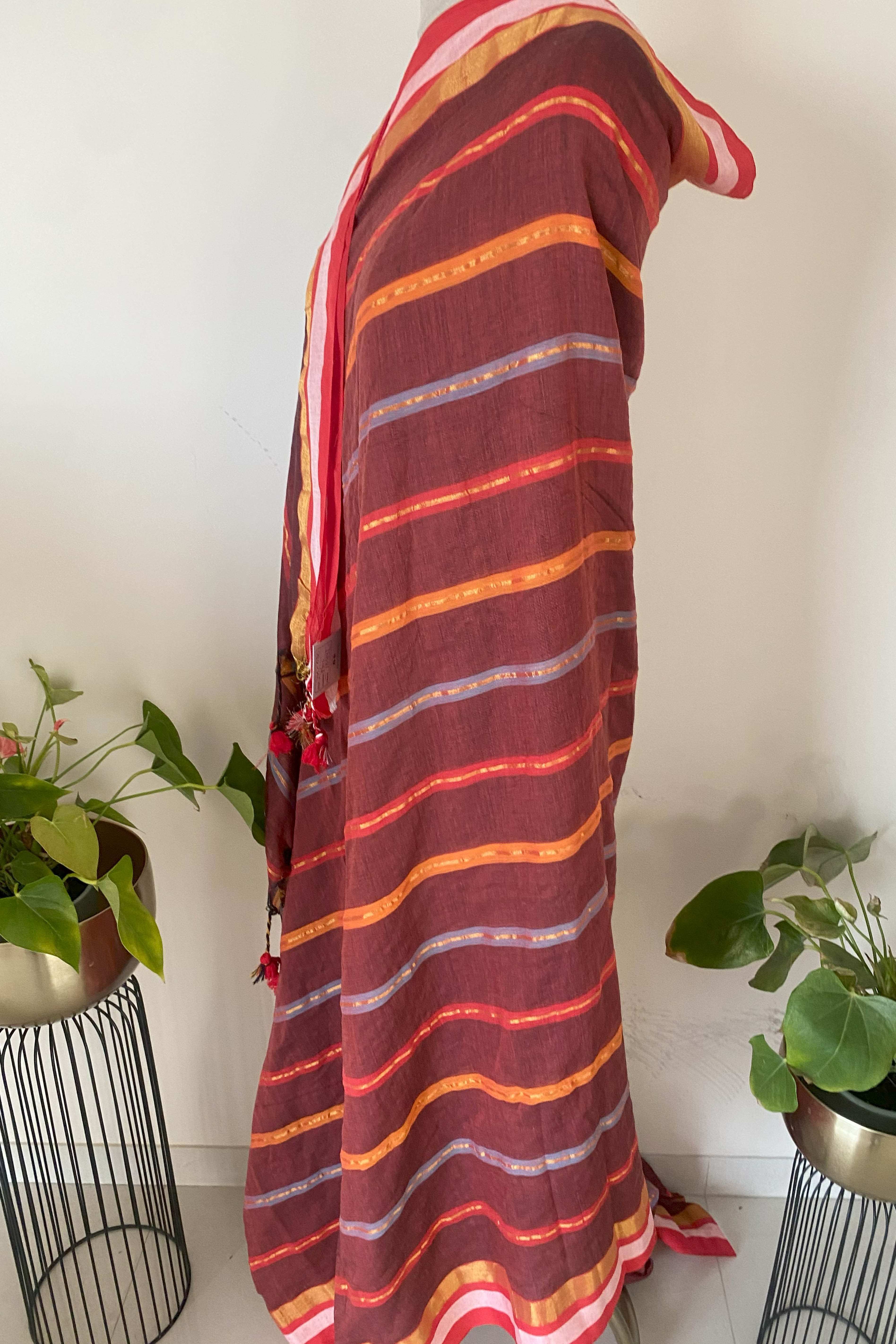 Mul Cotton saree in brown with multi colour zari stripes - Indian Handloomz