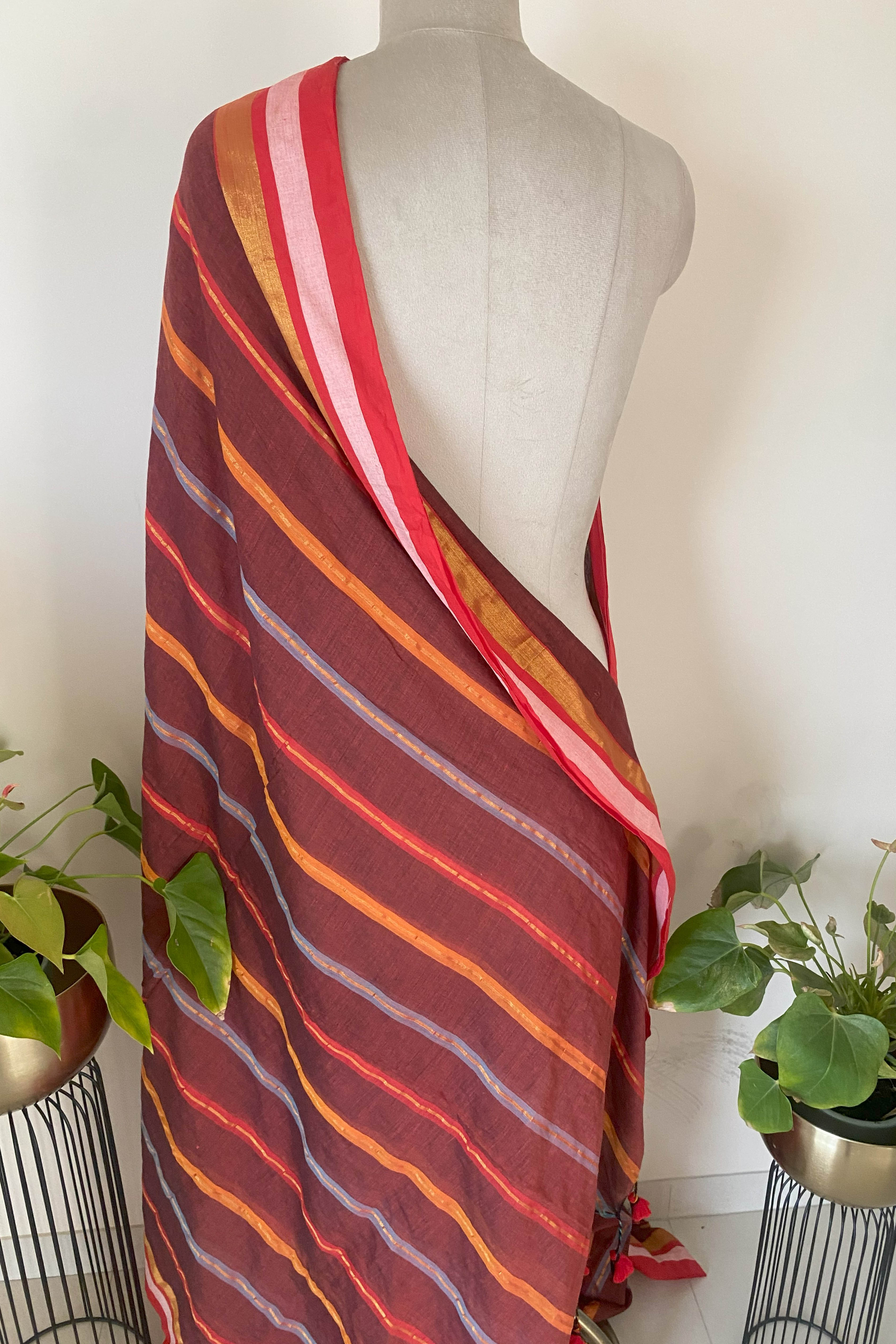 Mul Cotton saree in brown with multi colour zari stripes - Indian Handloomz