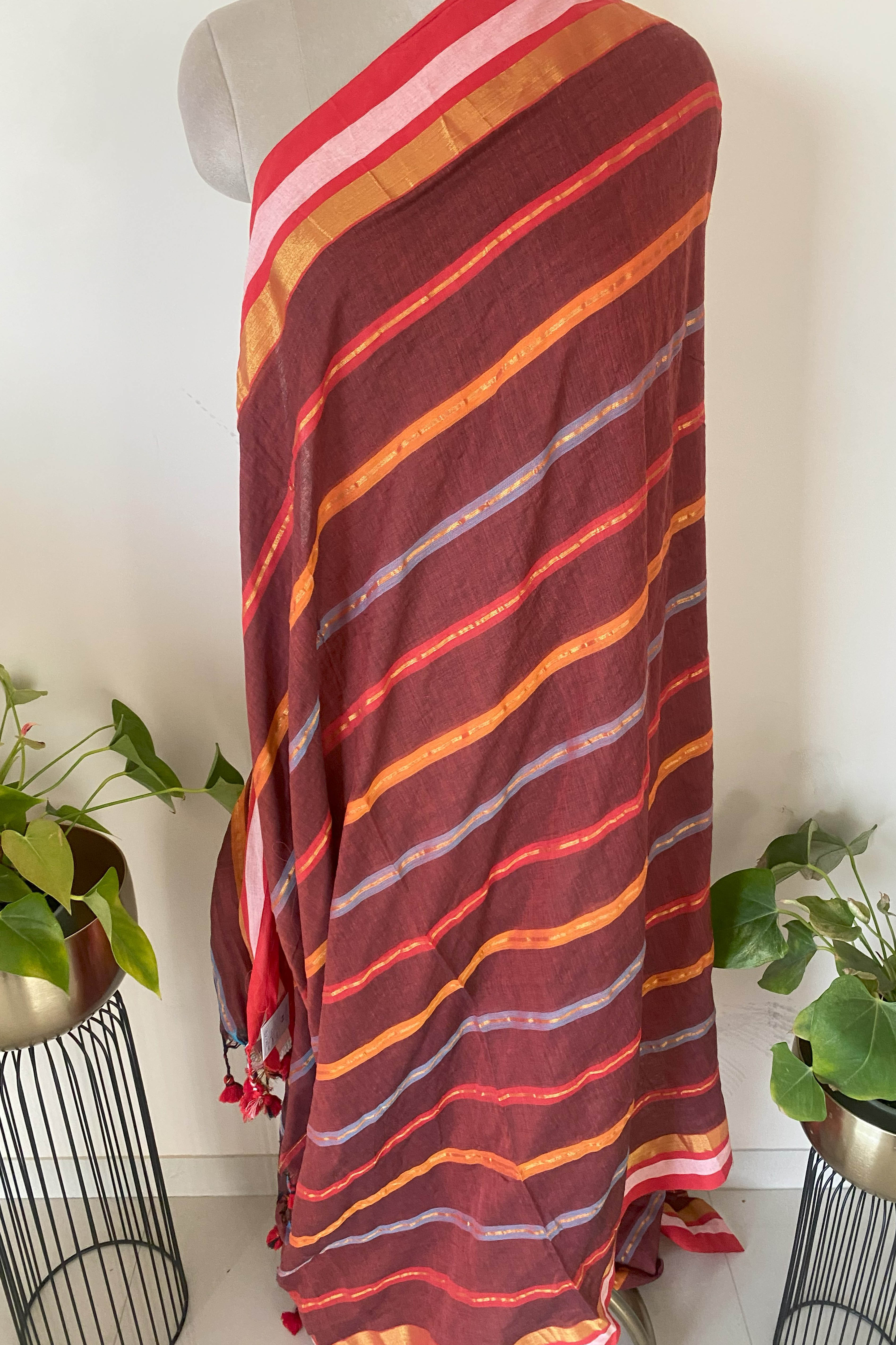 Mul Cotton saree in brown with multi colour zari stripes - Indian Handloomz