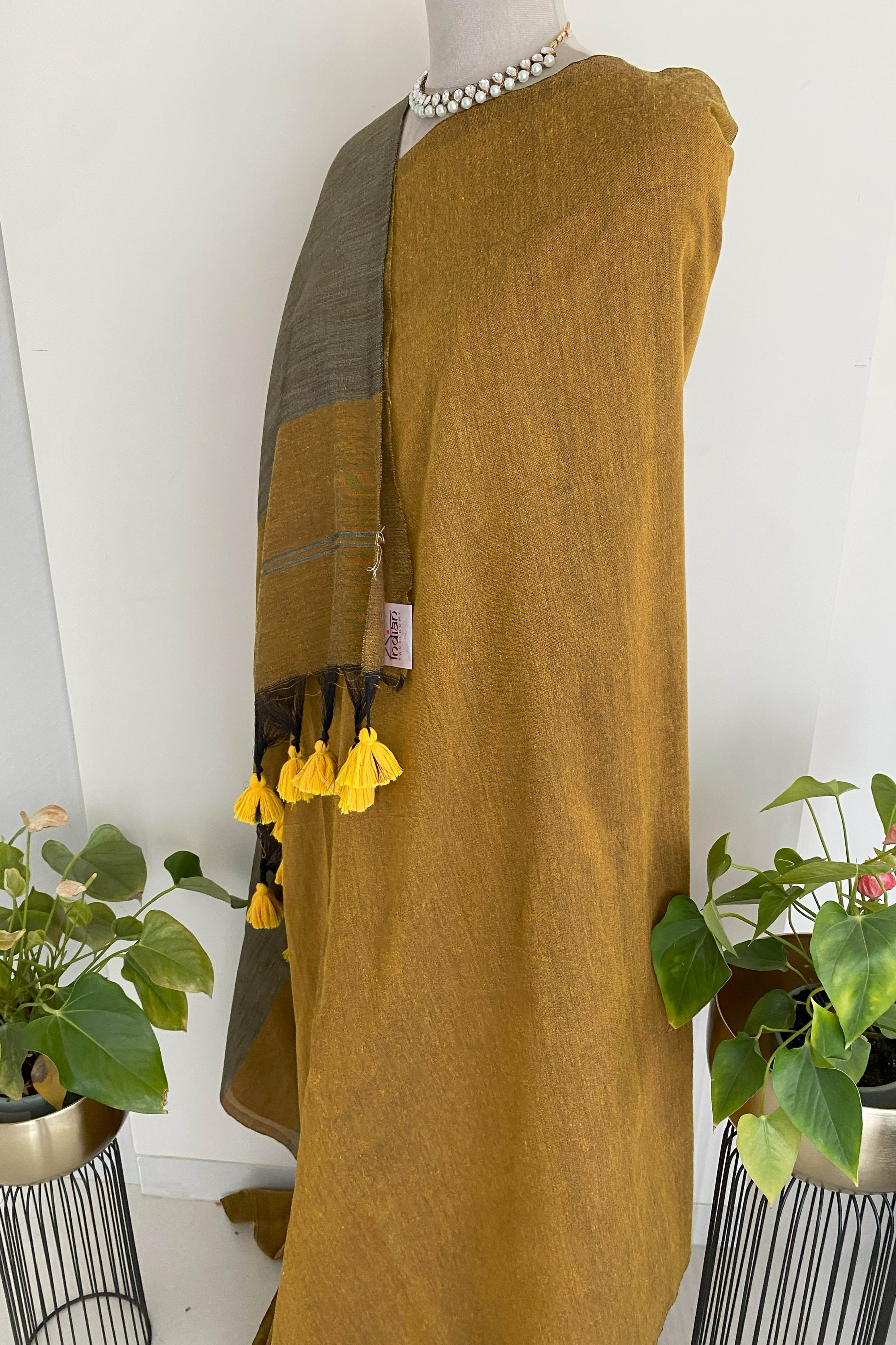 Mustard Yellow Jamdani Cotton Saree - Indian Handloomz
