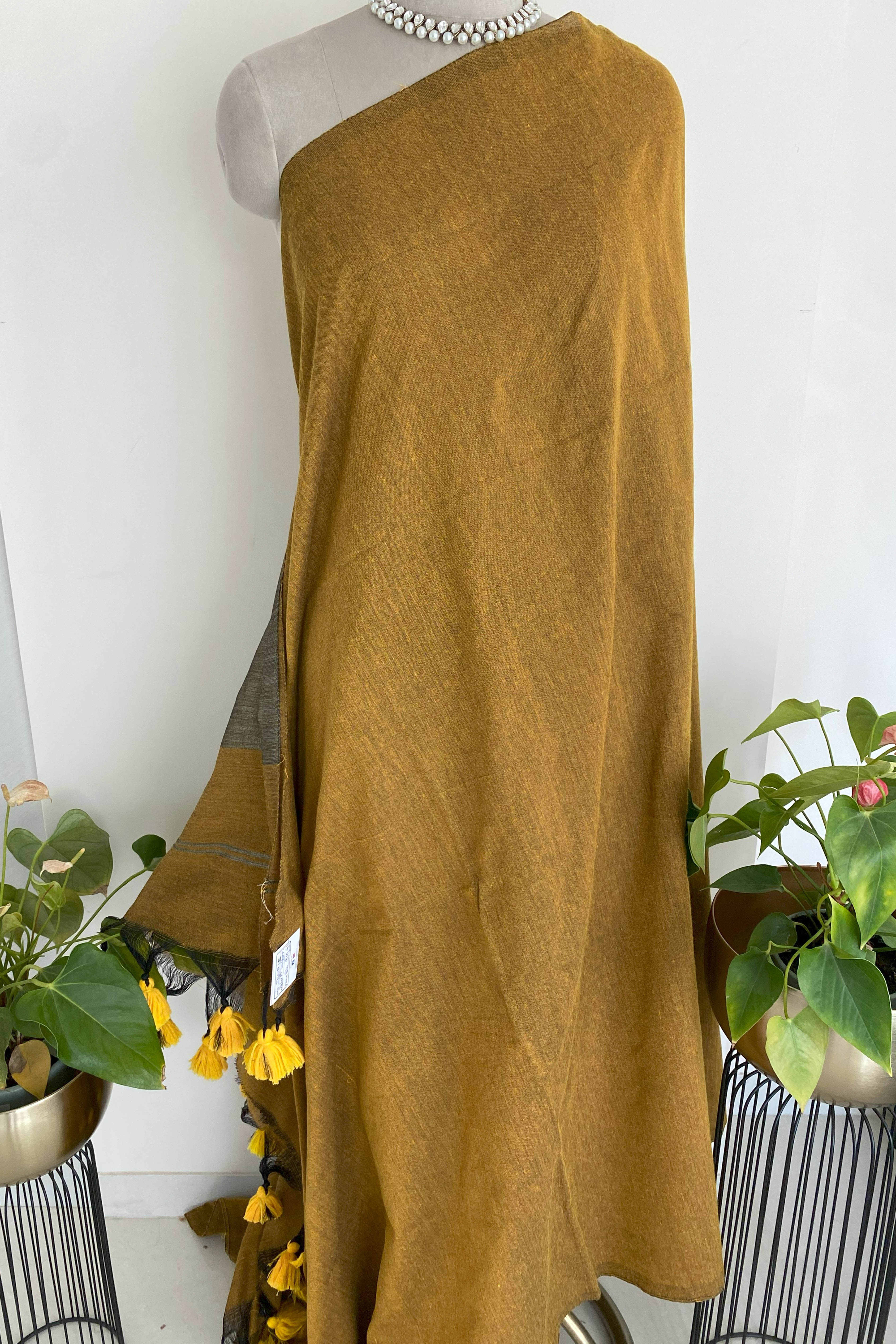 Mustard Yellow Jamdani Cotton Saree - Indian Handloomz
