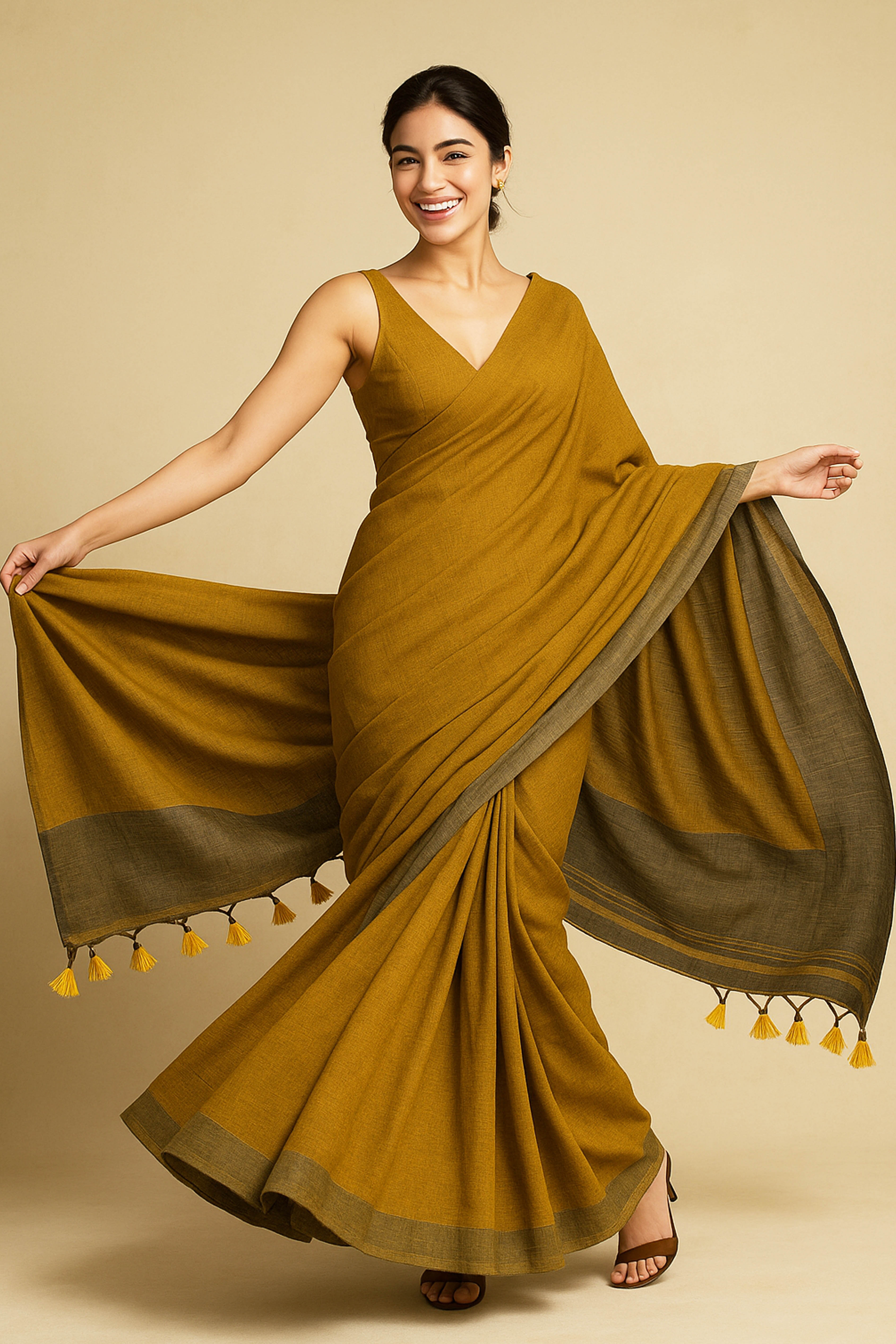 Mustard Yellow Jamdani Cotton Saree - Indian Handloomz