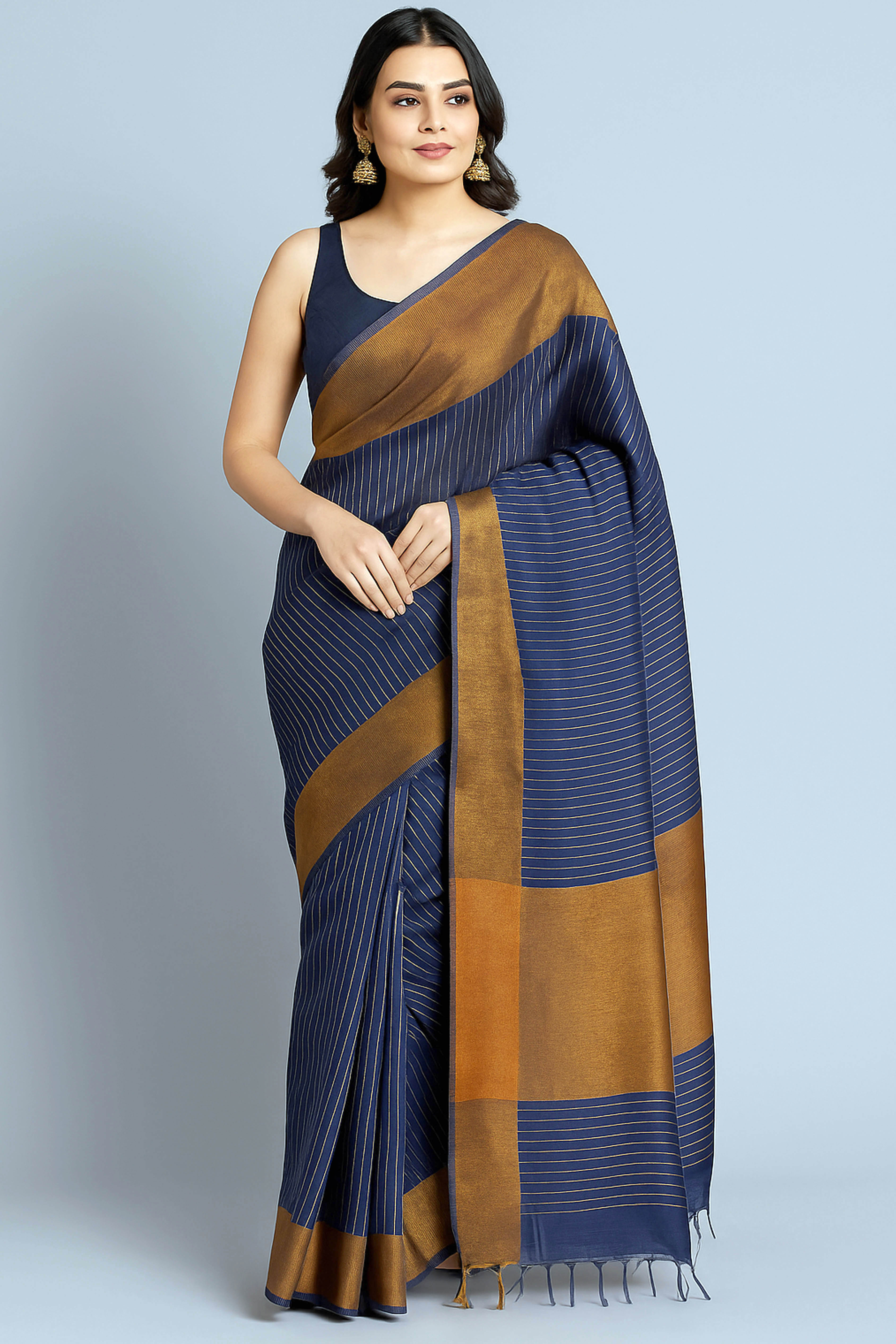 Navy Blue Zari Striped Saree - Indian Handloomz
