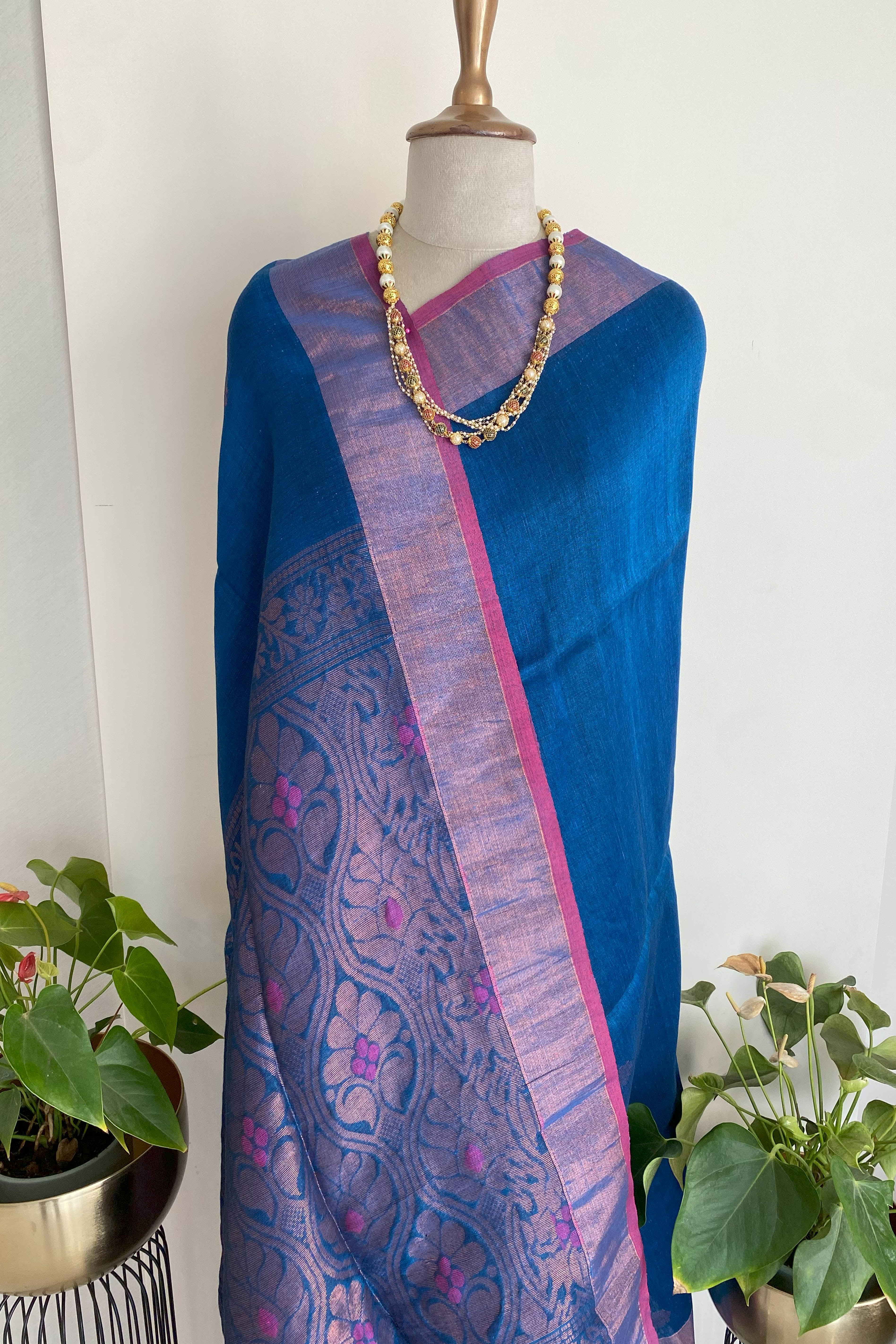 Nili Pure Linen Saree in Blue Colour with Silver Buttas. - Indian Handloomz