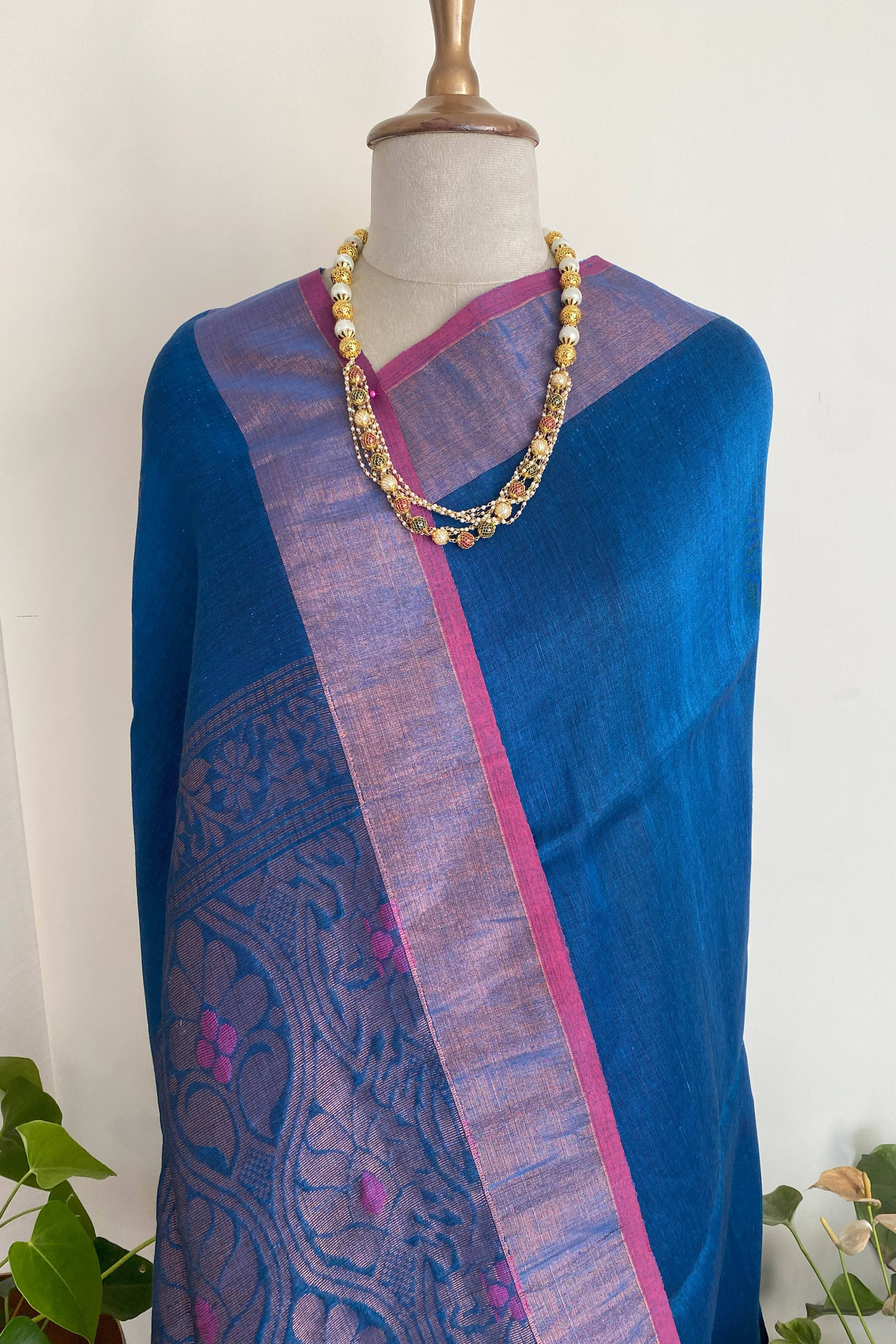 Nili Pure Linen Saree in Blue Colour with Silver Buttas. - Indian Handloomz