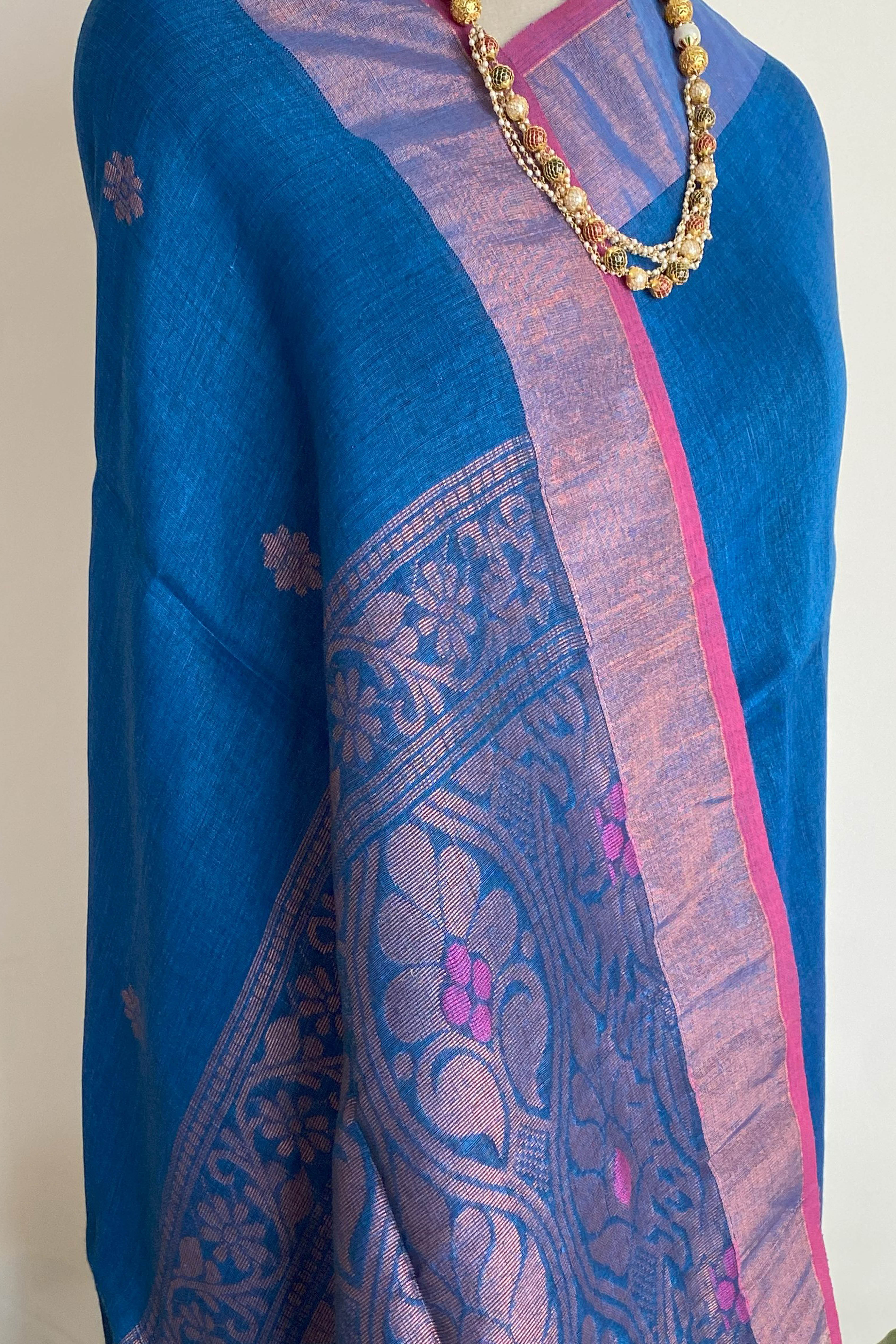 Nili Pure Linen Saree in Blue Colour with Silver Buttas. - Indian Handloomz