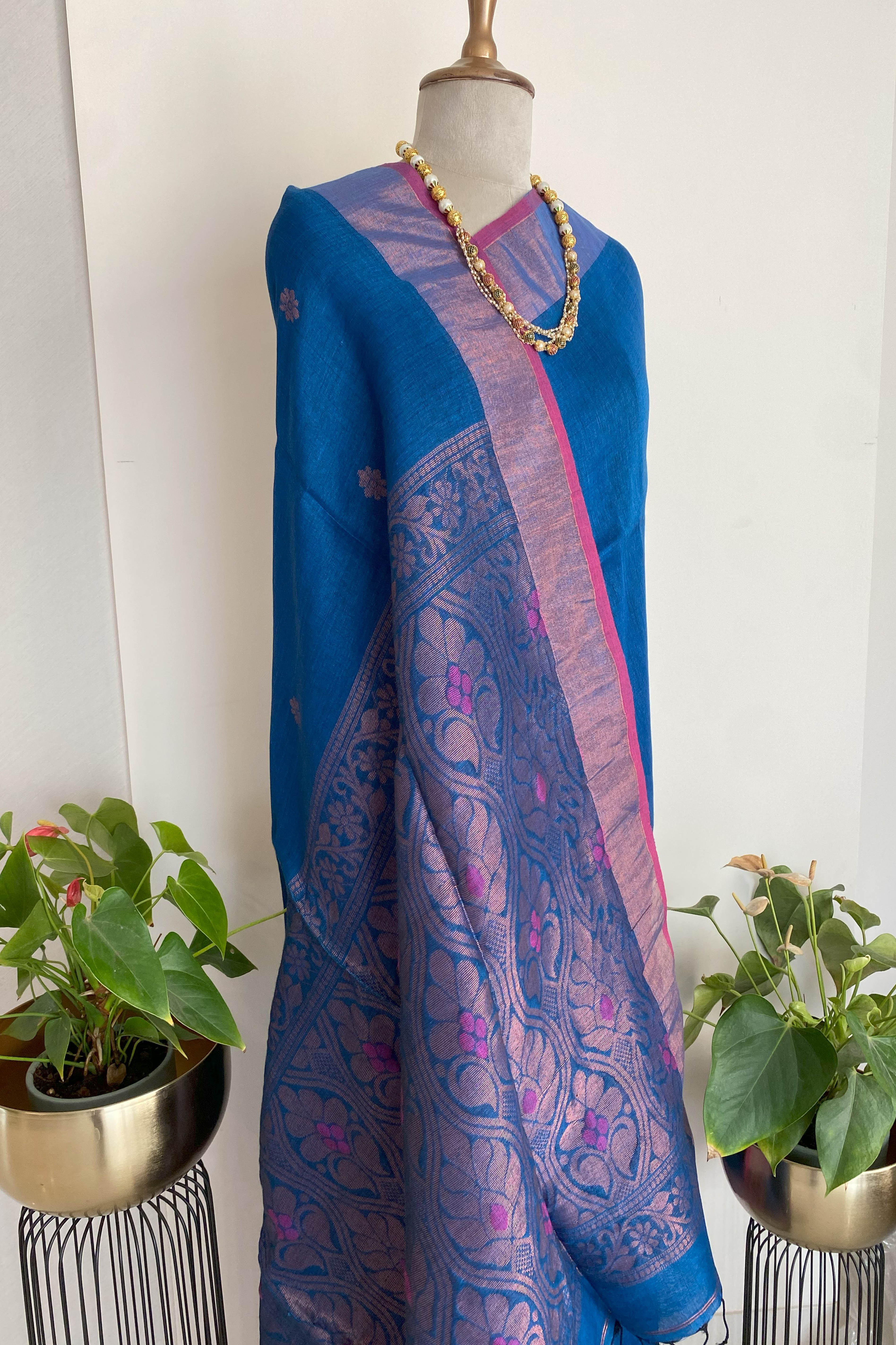 Nili Pure Linen Saree in Blue Colour with Silver Buttas. - Indian Handloomz