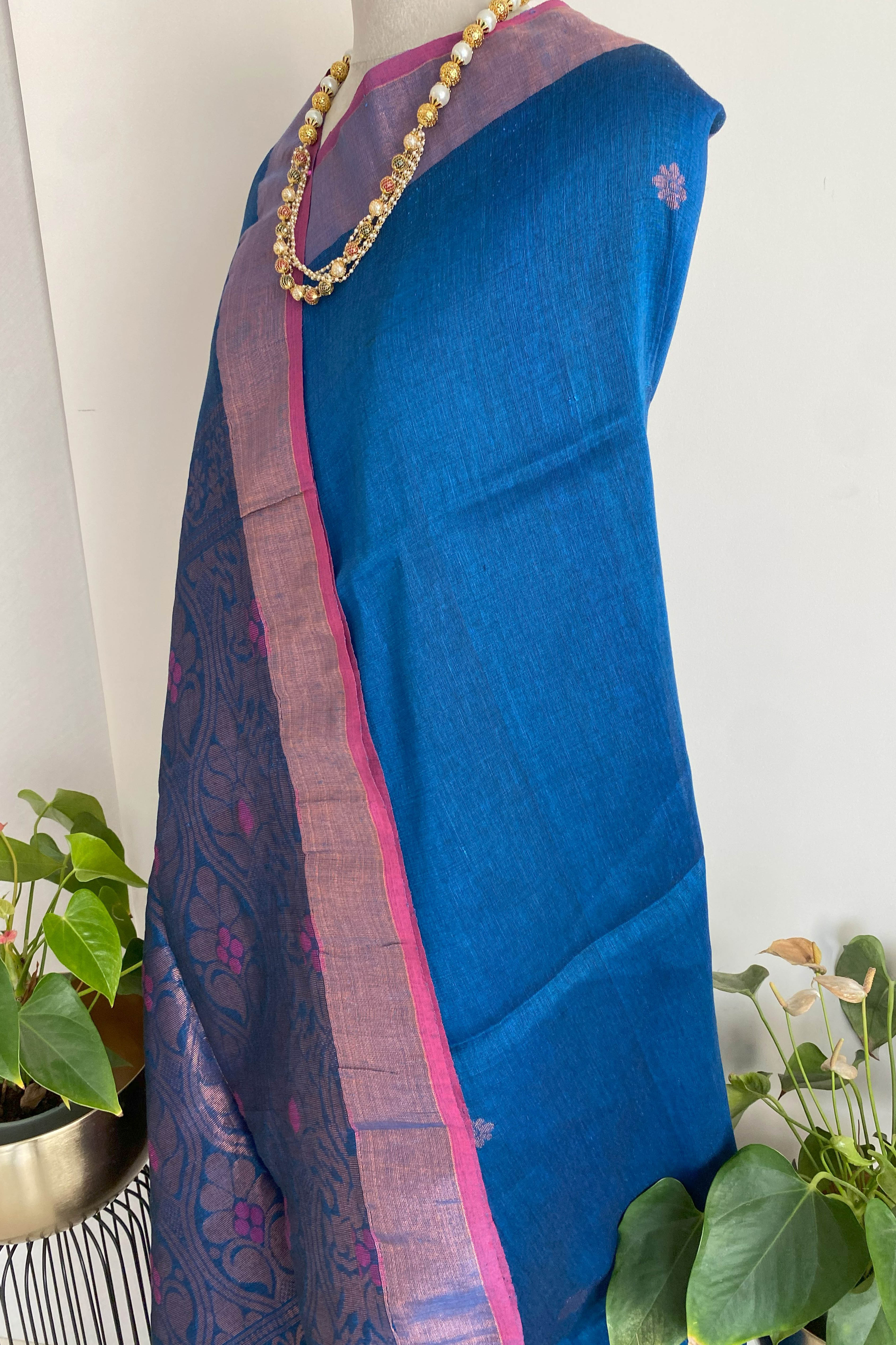 Nili Pure Linen Saree in Blue Colour with Silver Buttas. - Indian Handloomz