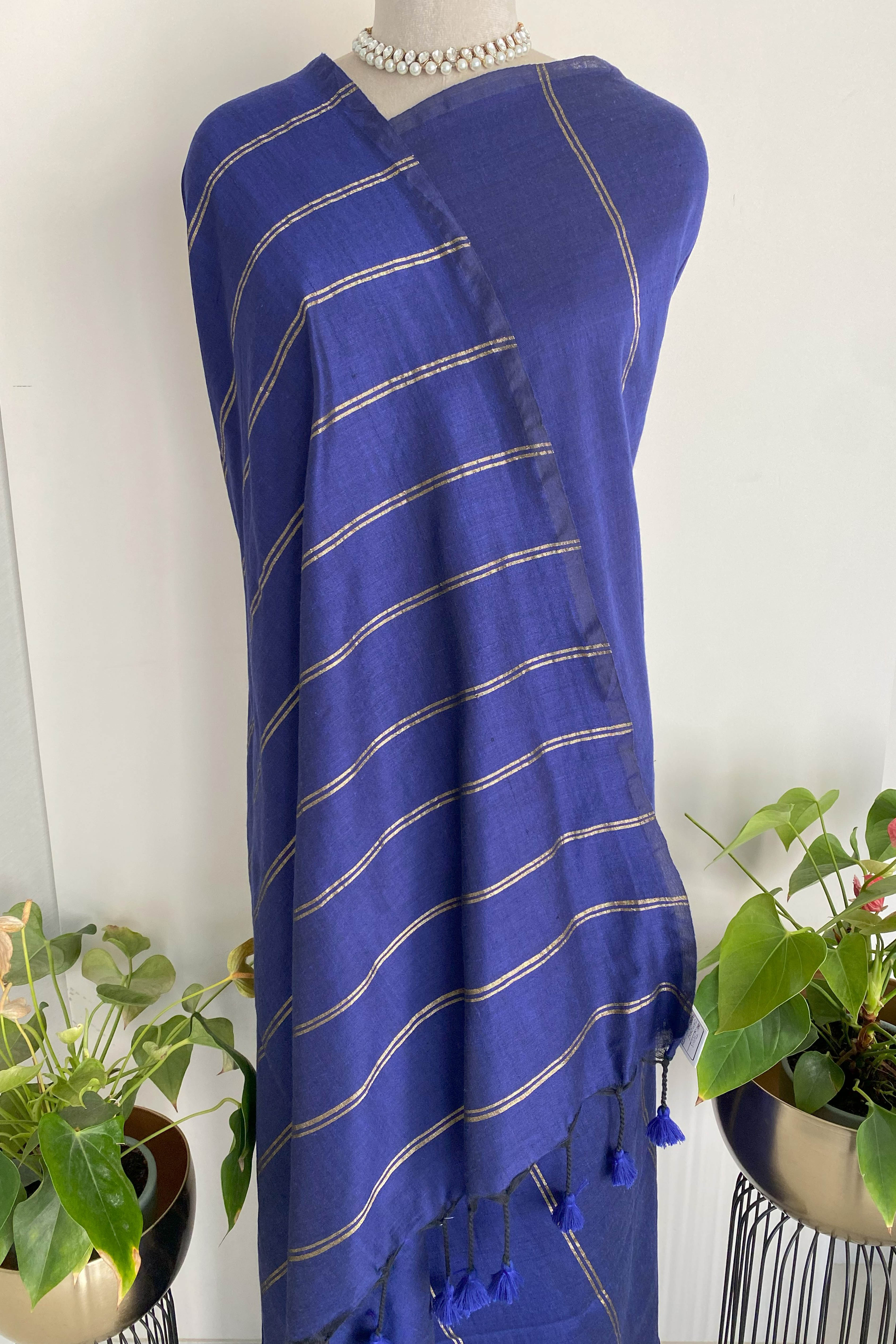 Nilima Pure Cotton Navy Blue Saree with Matt Gold Stripes - Indian Handloomz