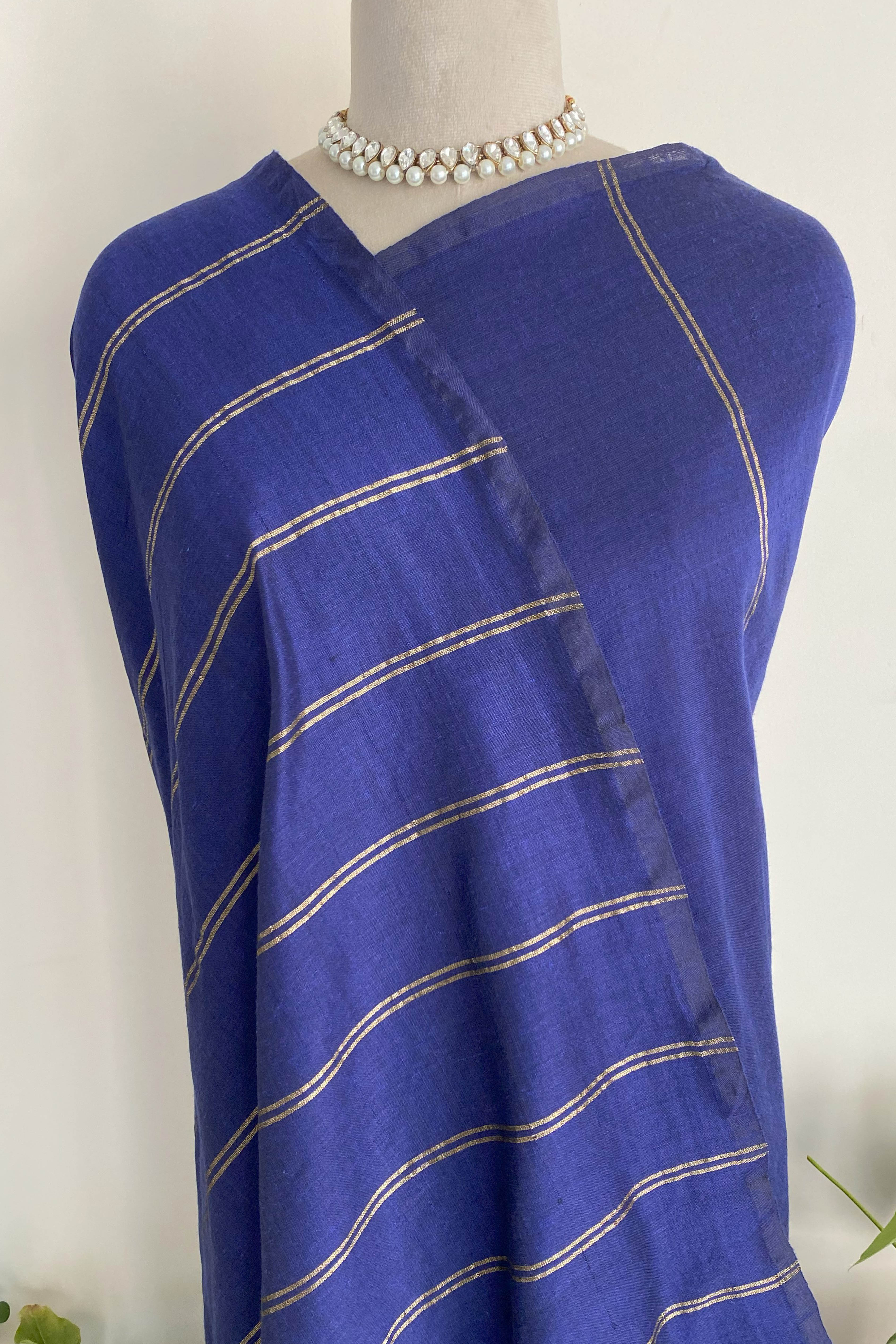 Nilima Pure Cotton Navy Blue Saree with Matt Gold Stripes - Indian Handloomz