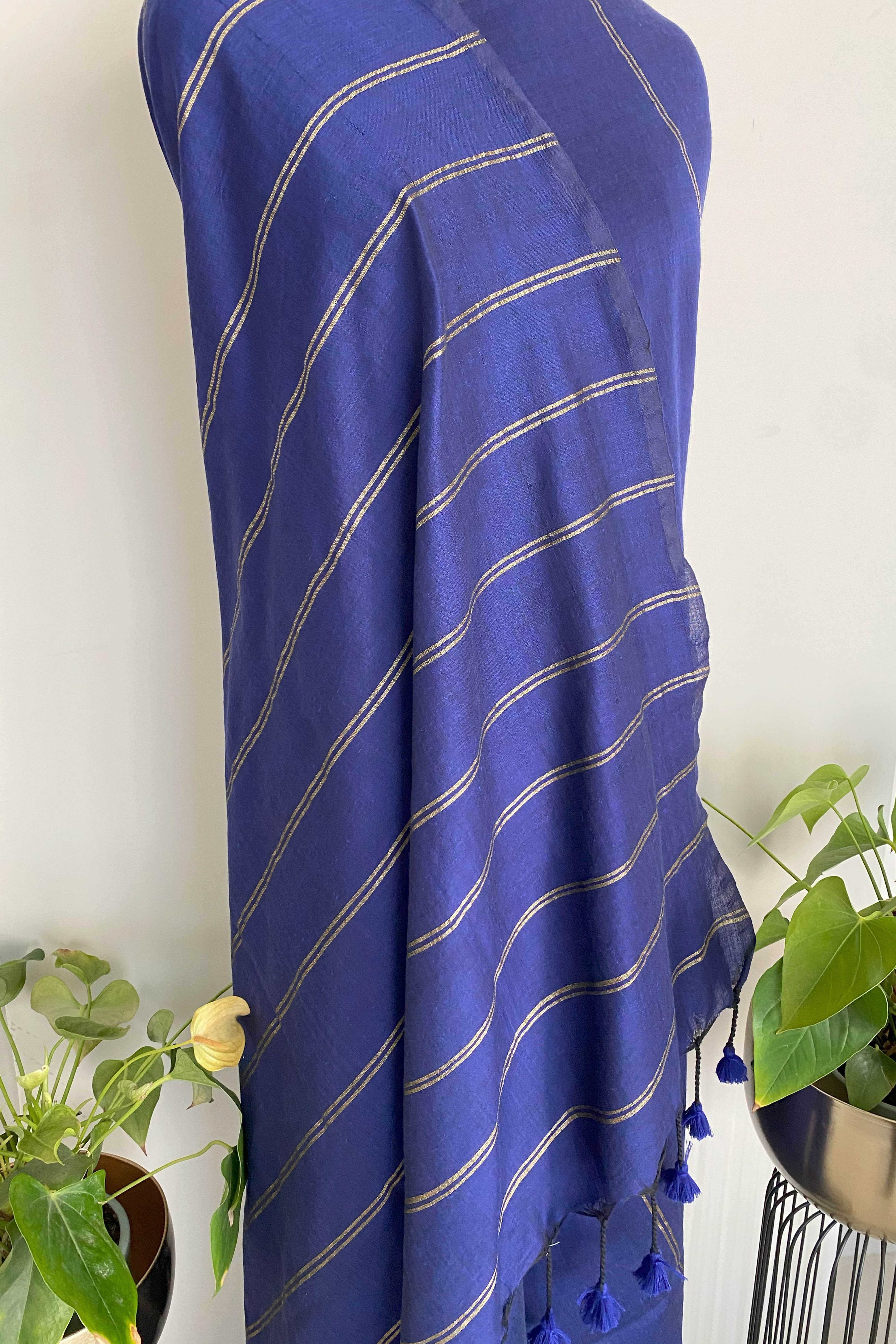 Nilima Pure Cotton Navy Blue Saree with Matt Gold Stripes - Indian Handloomz