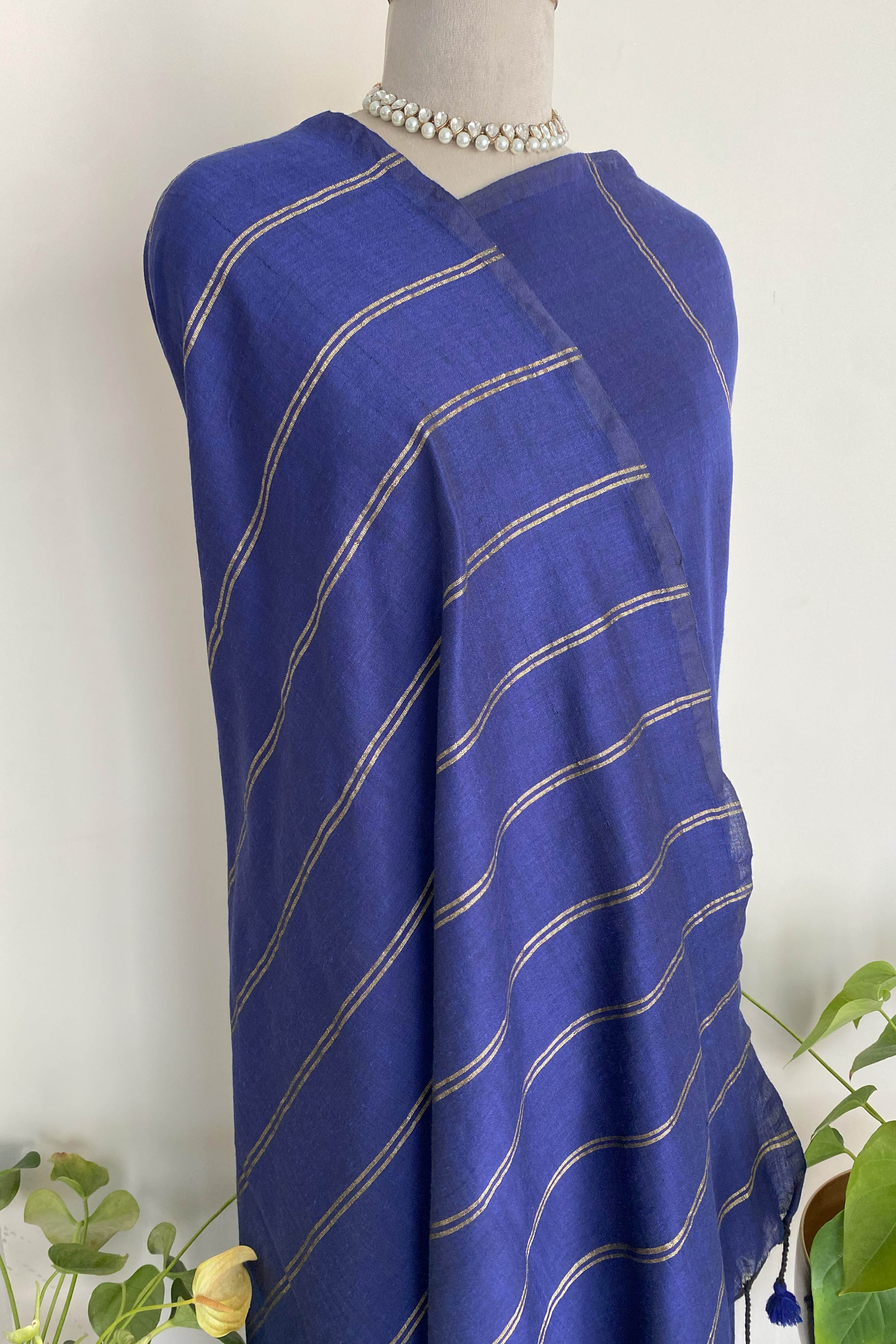 Nilima Pure Cotton Navy Blue Saree with Matt Gold Stripes - Indian Handloomz