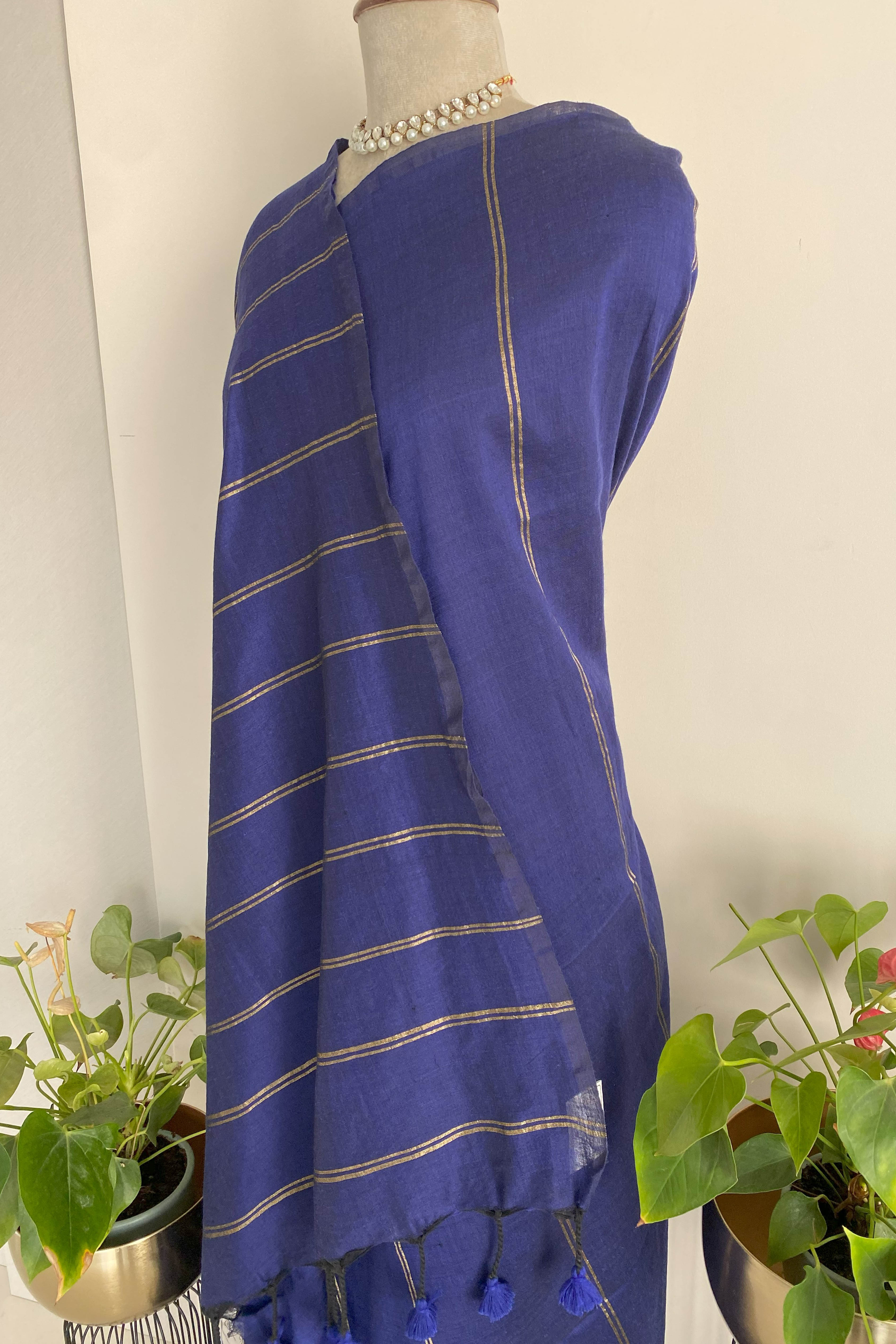 Nilima Pure Cotton Navy Blue Saree with Matt Gold Stripes - Indian Handloomz