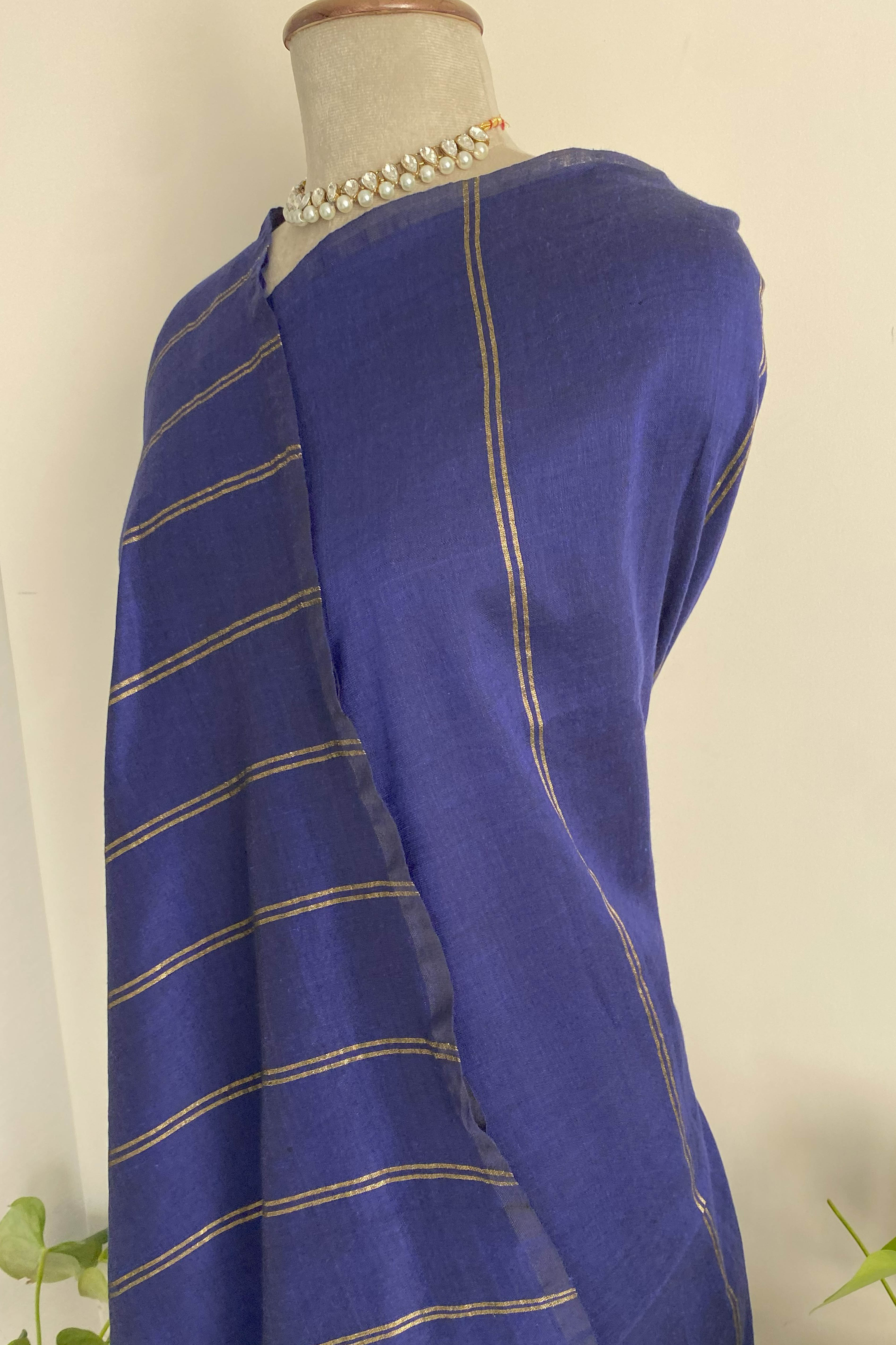 Nilima Pure Cotton Navy Blue Saree with Matt Gold Stripes - Indian Handloomz