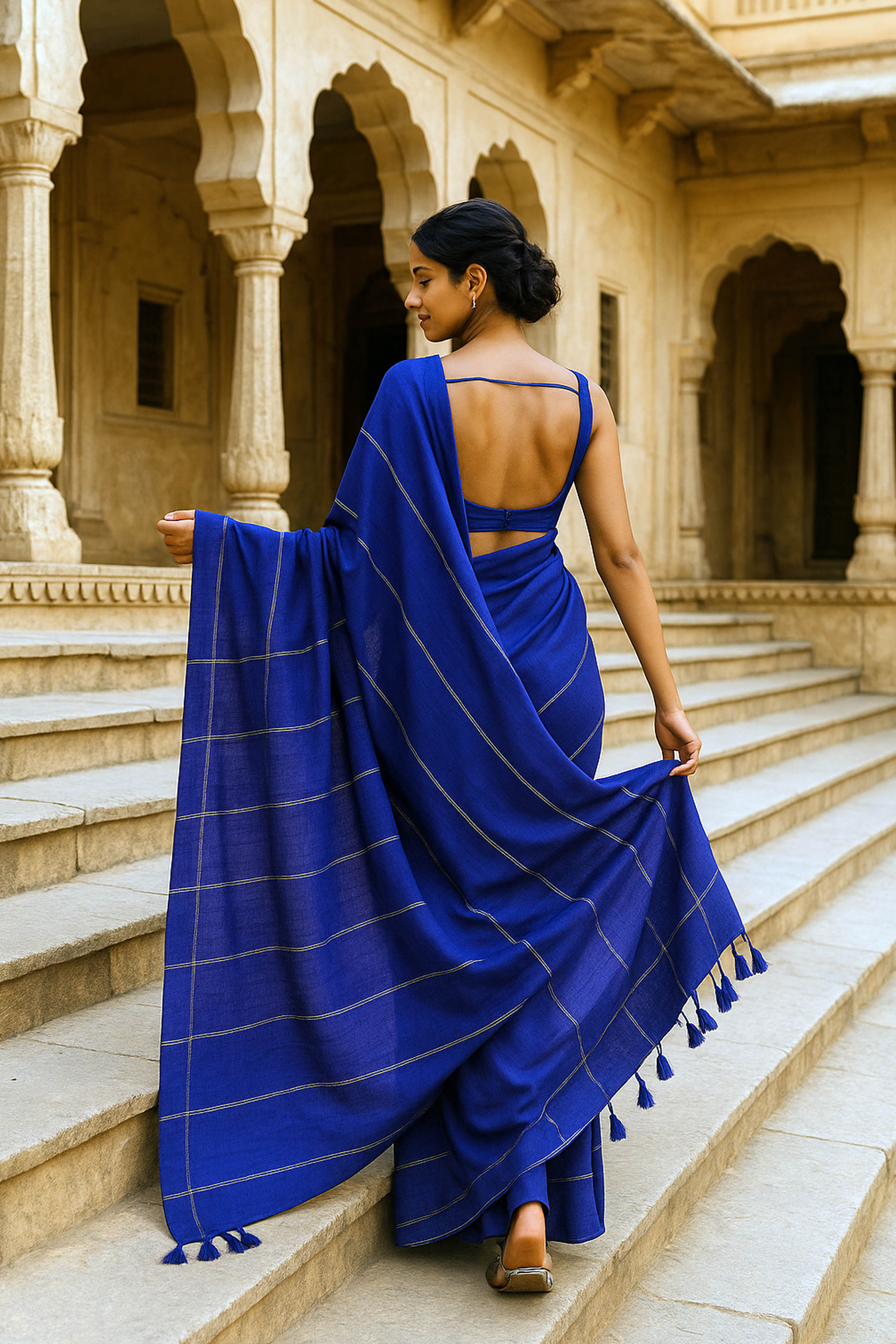 Nilima Pure Cotton Navy Blue Saree with Matt Gold Stripes - Indian Handloomz