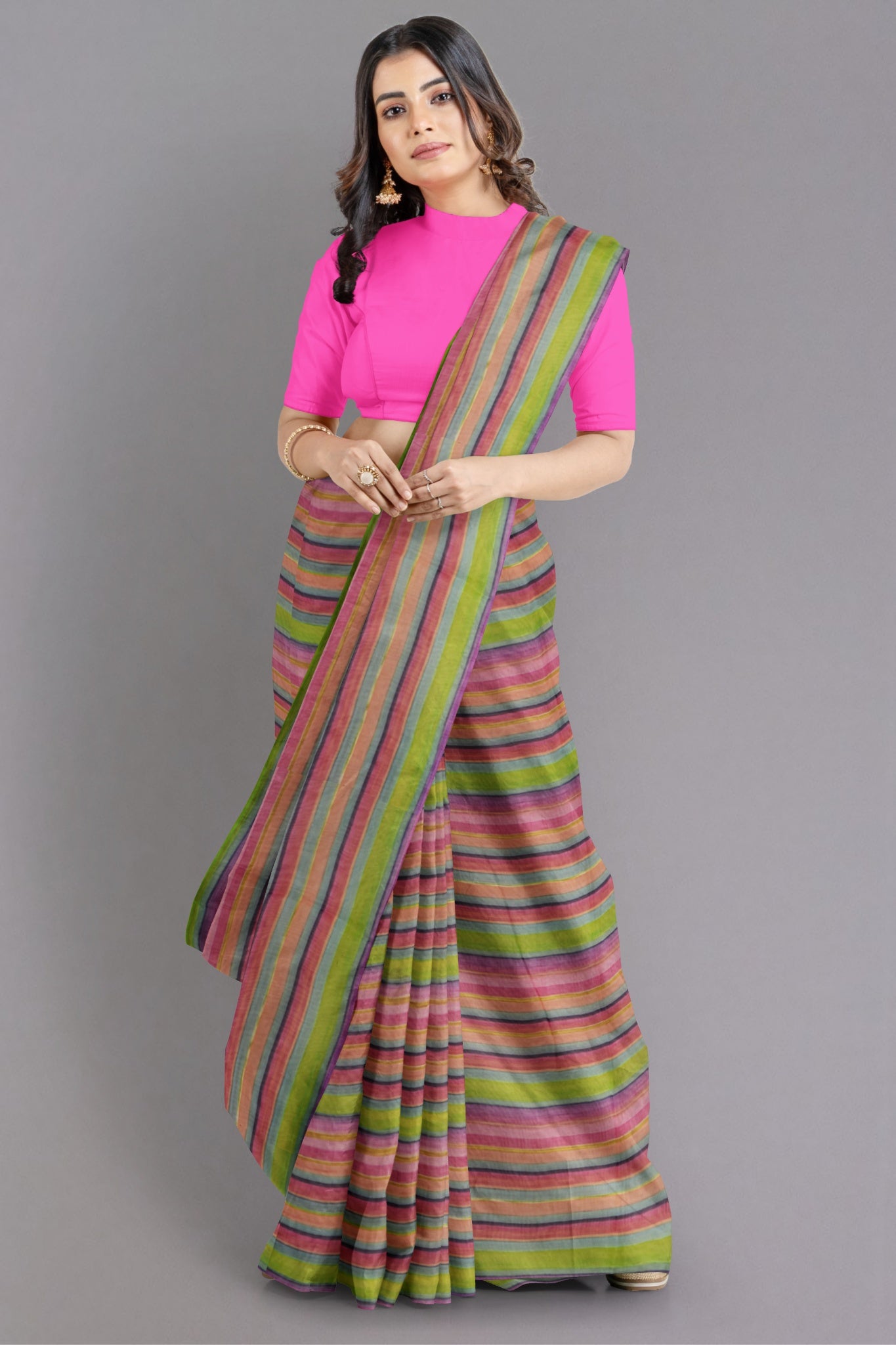 Kama Ethereal Organza Silk Saree in Multicolour with Hues of Green, Blue, Peach & Pink - Indian Handloomz
