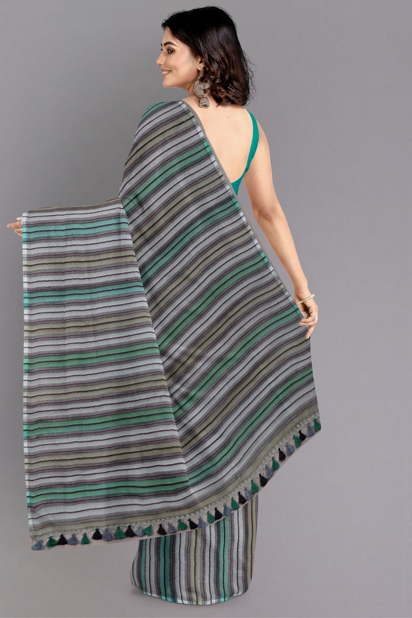 Lila Organza Silk Saree in Multi Colour with Hues of Green and Grey - Indian Handloomz