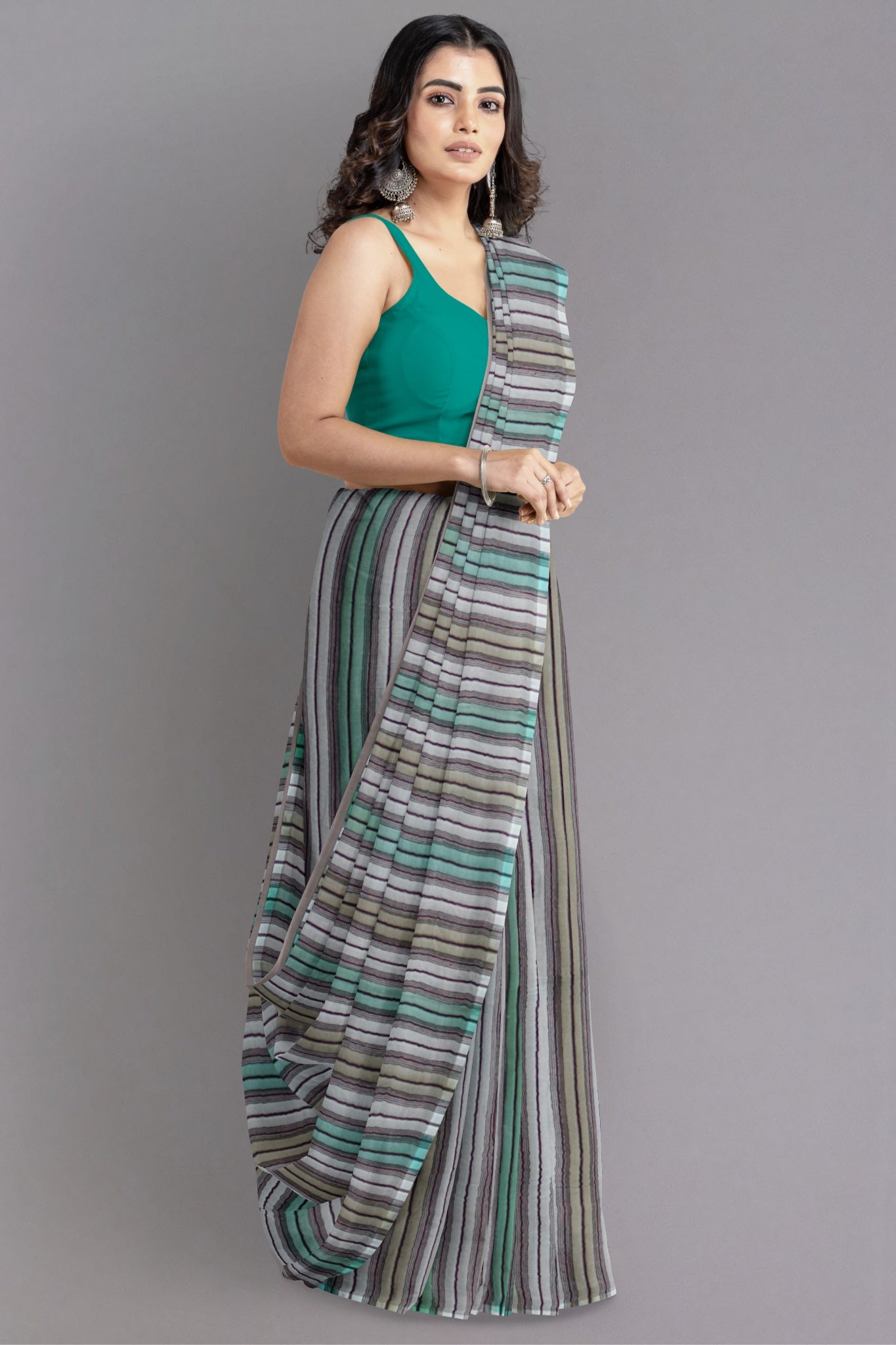 Lila Organza Silk Saree in Multi Colour with Hues of Green and Grey - Indian Handloomz