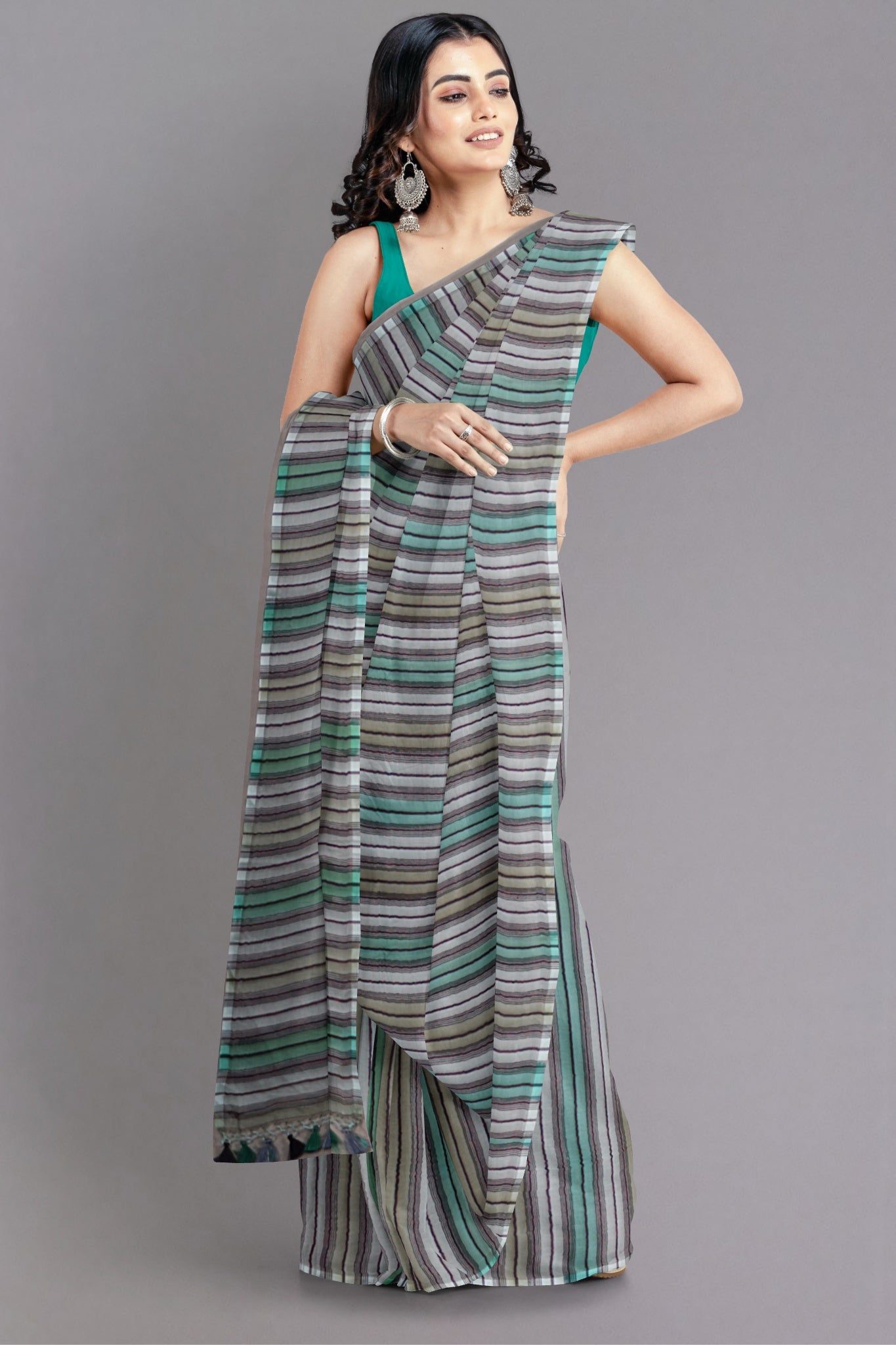 Lila Organza Silk Saree in Multi Colour with Hues of Green and Grey - Indian Handloomz