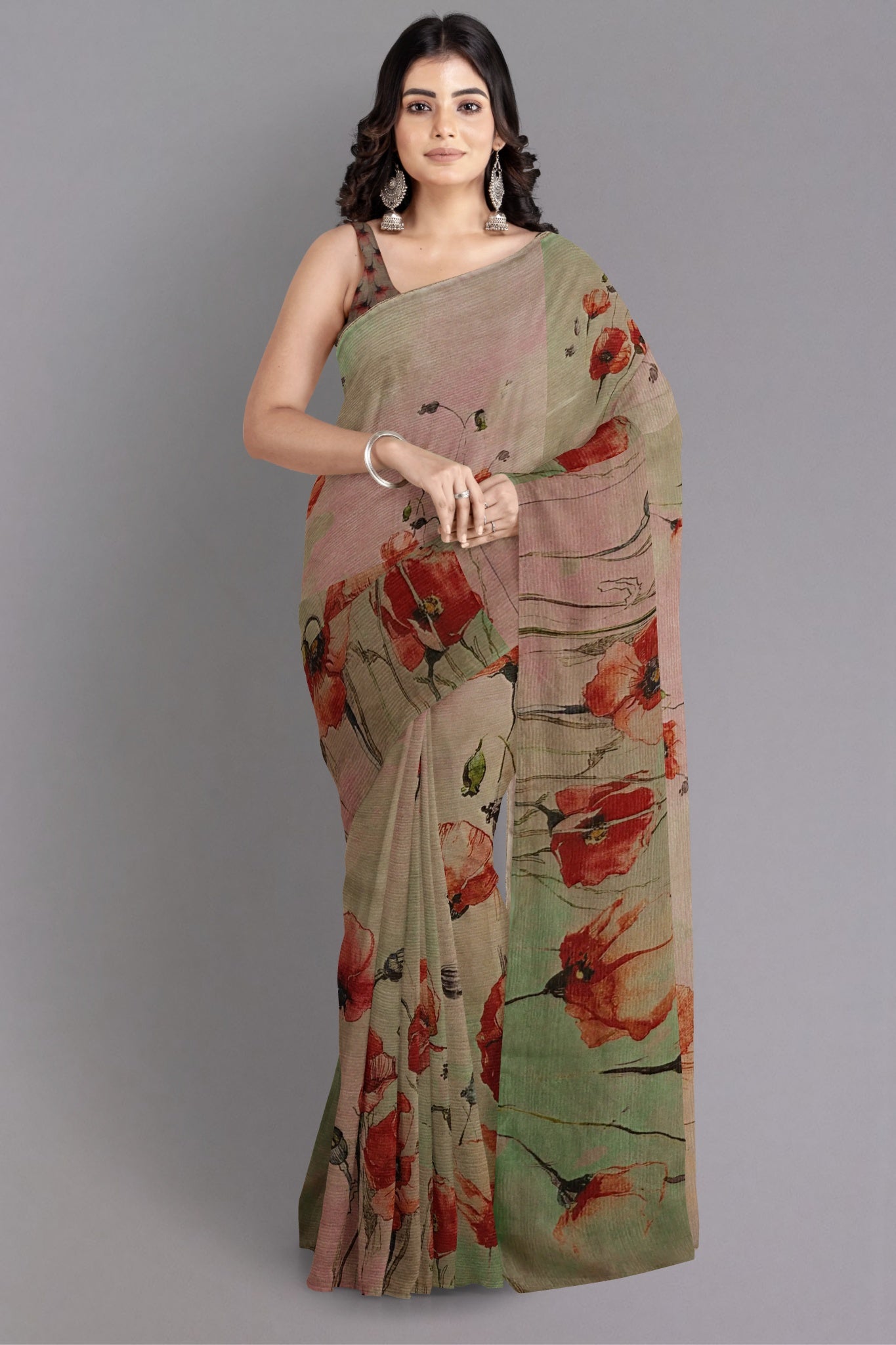 Aarya Organza Silk Saree in Multicolour with Hues of Green and Grey - Indian Handloomz