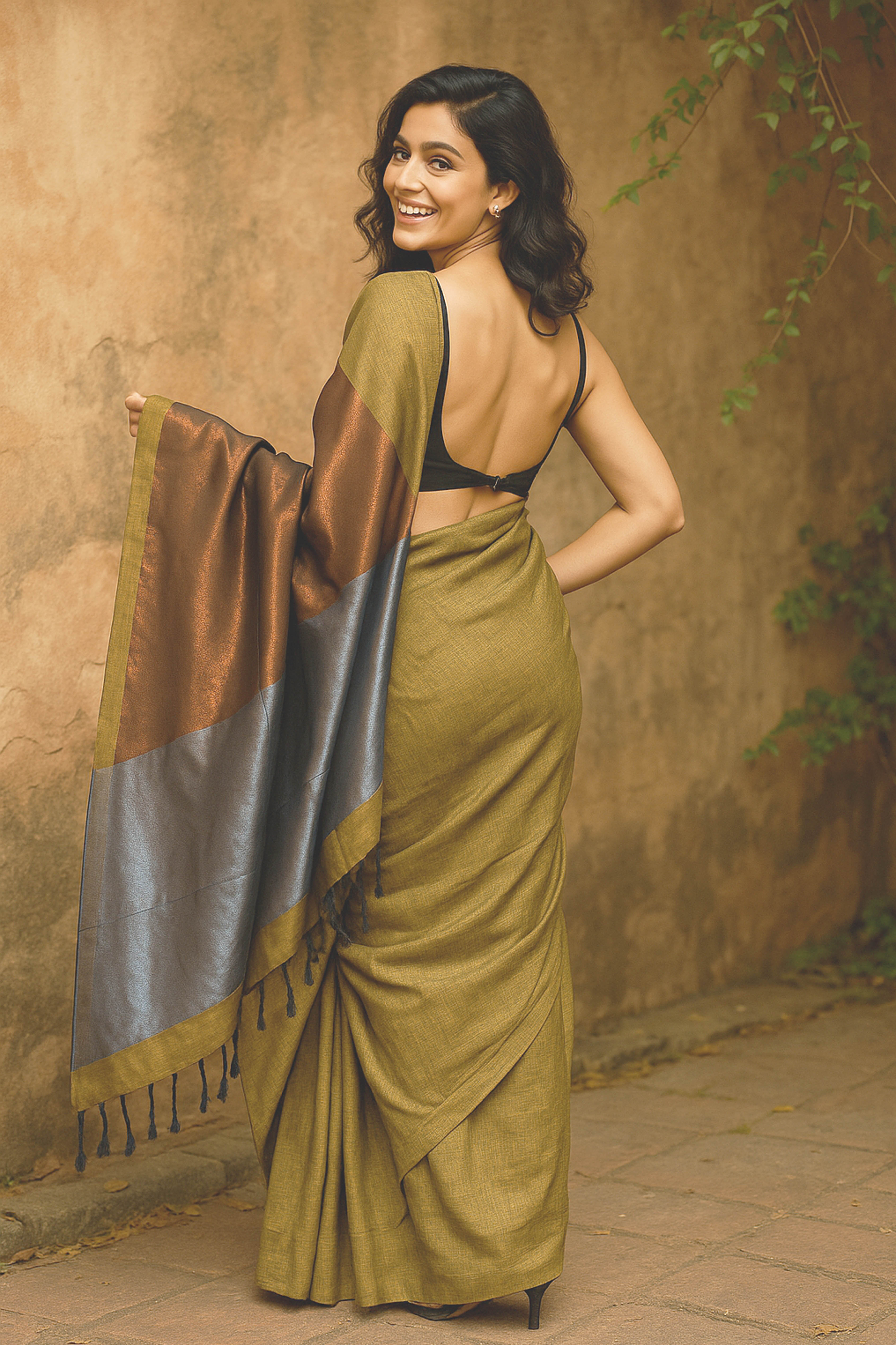 Olive Green Colour Cotton Saree with Zari Pallu - Indian Handloomz