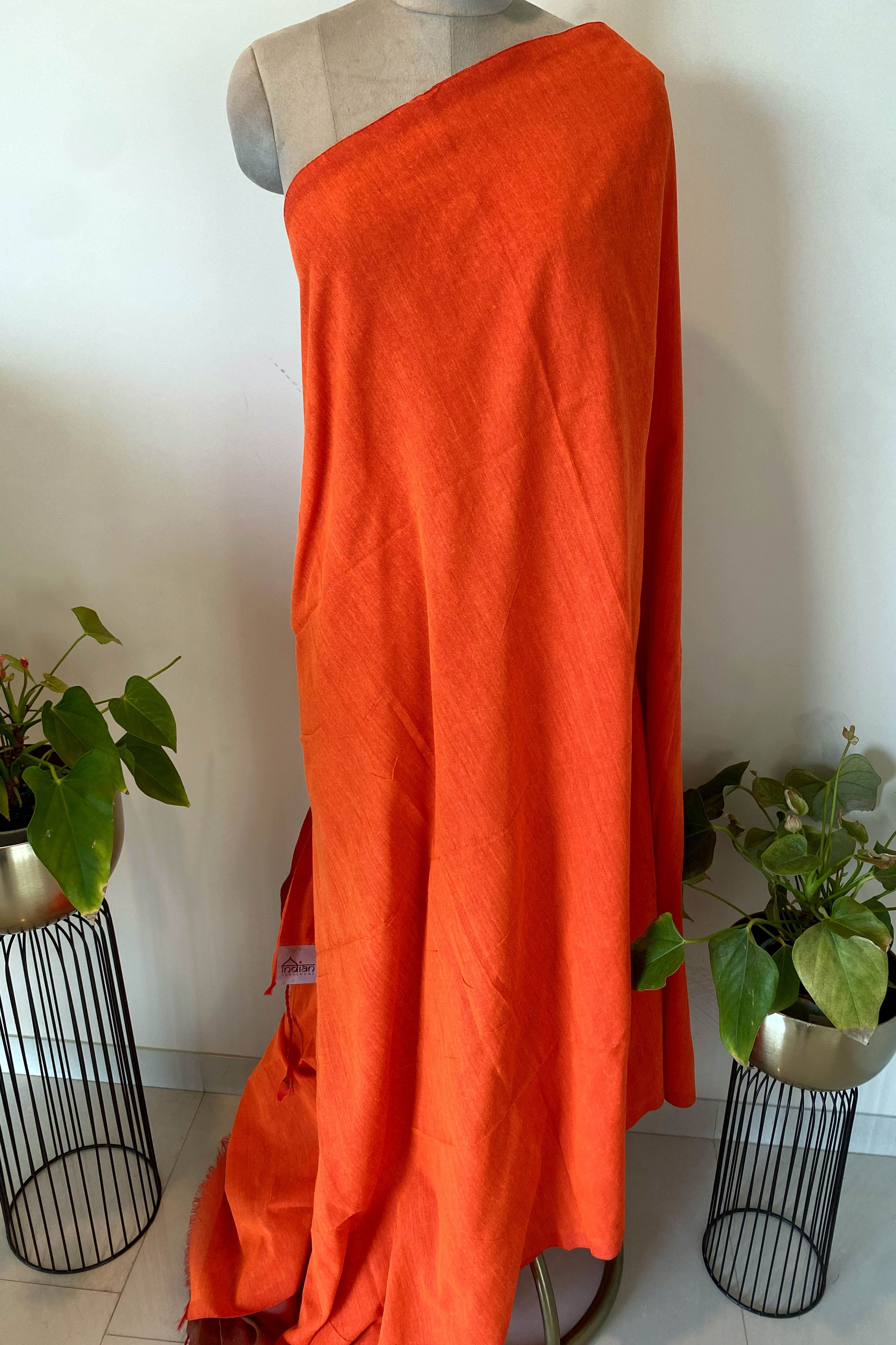 Cotton Saree in Orange with Tissue Pallu - Indian Handloomz