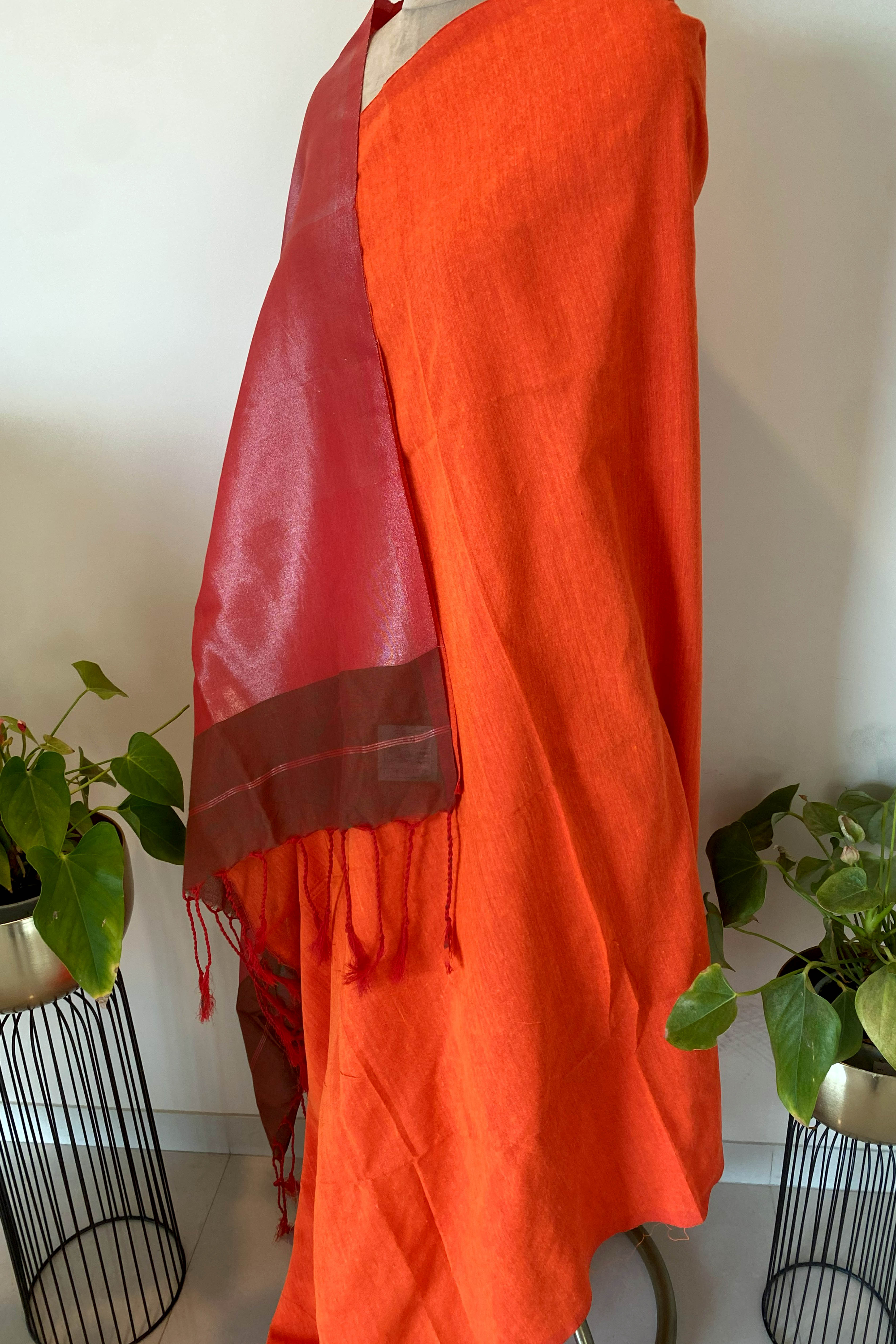 Cotton Saree in Orange with Tissue Pallu - Indian Handloomz
