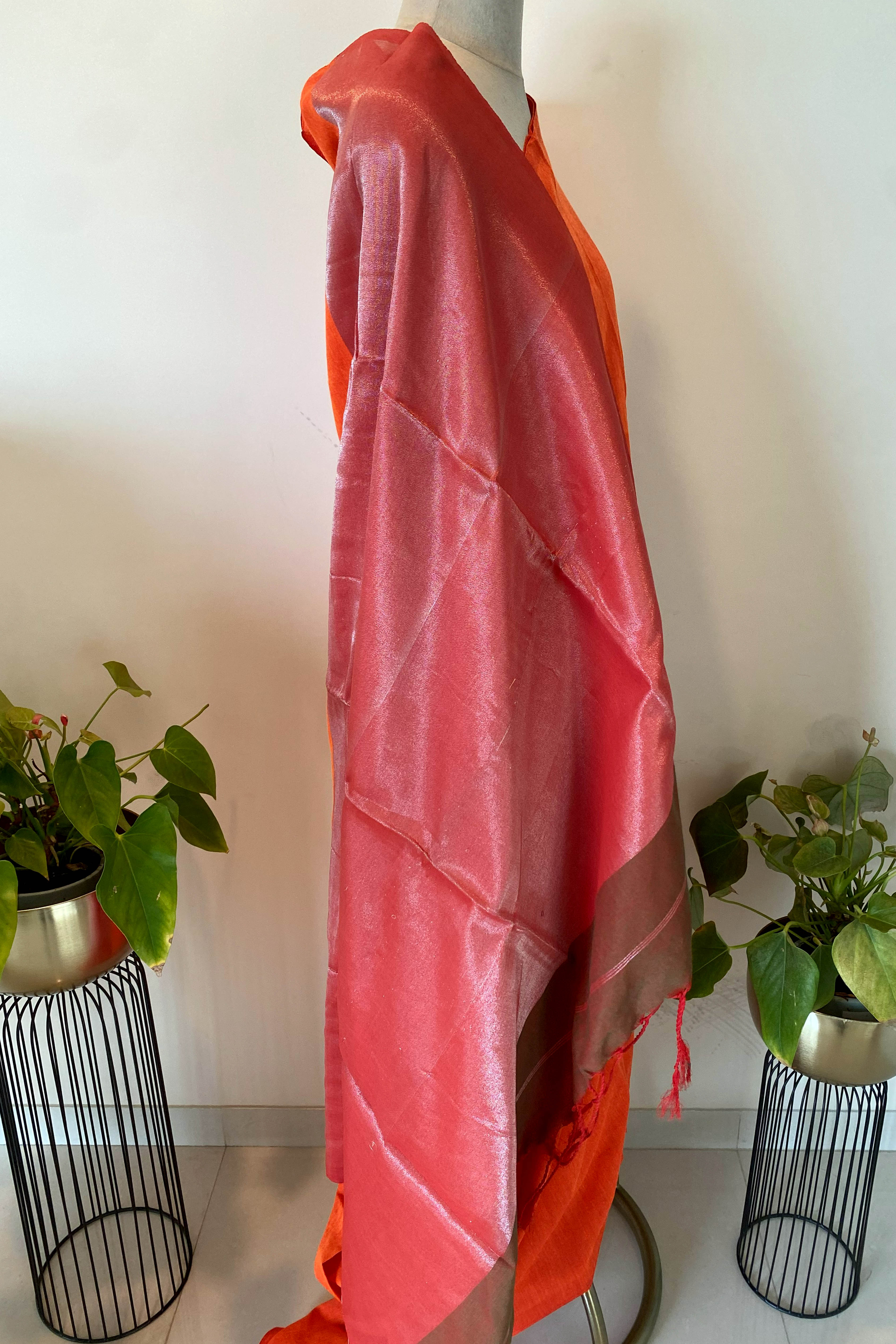 Cotton Saree in Orange with Tissue Pallu - Indian Handloomz