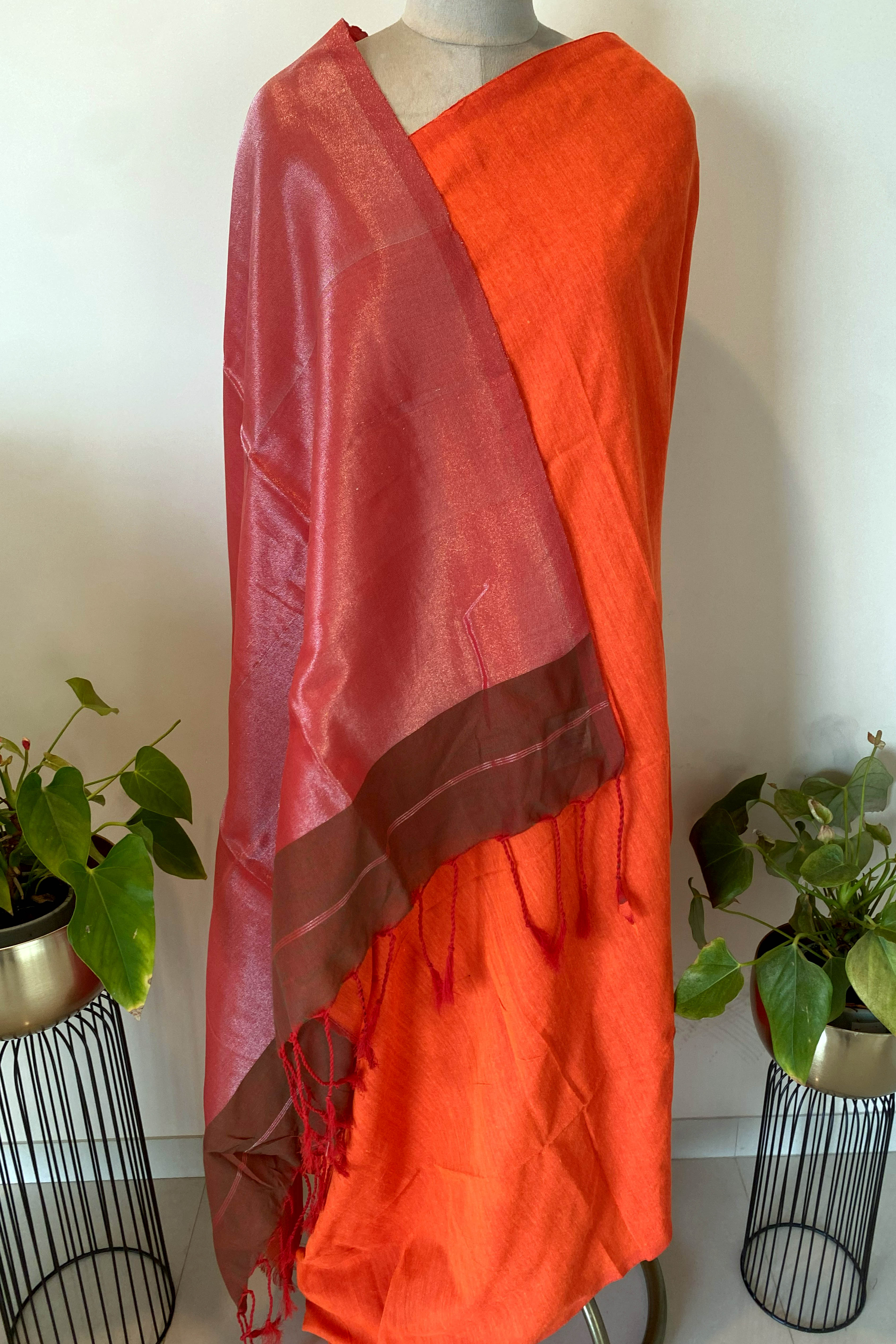 Cotton Saree in Orange with Tissue Pallu - Indian Handloomz
