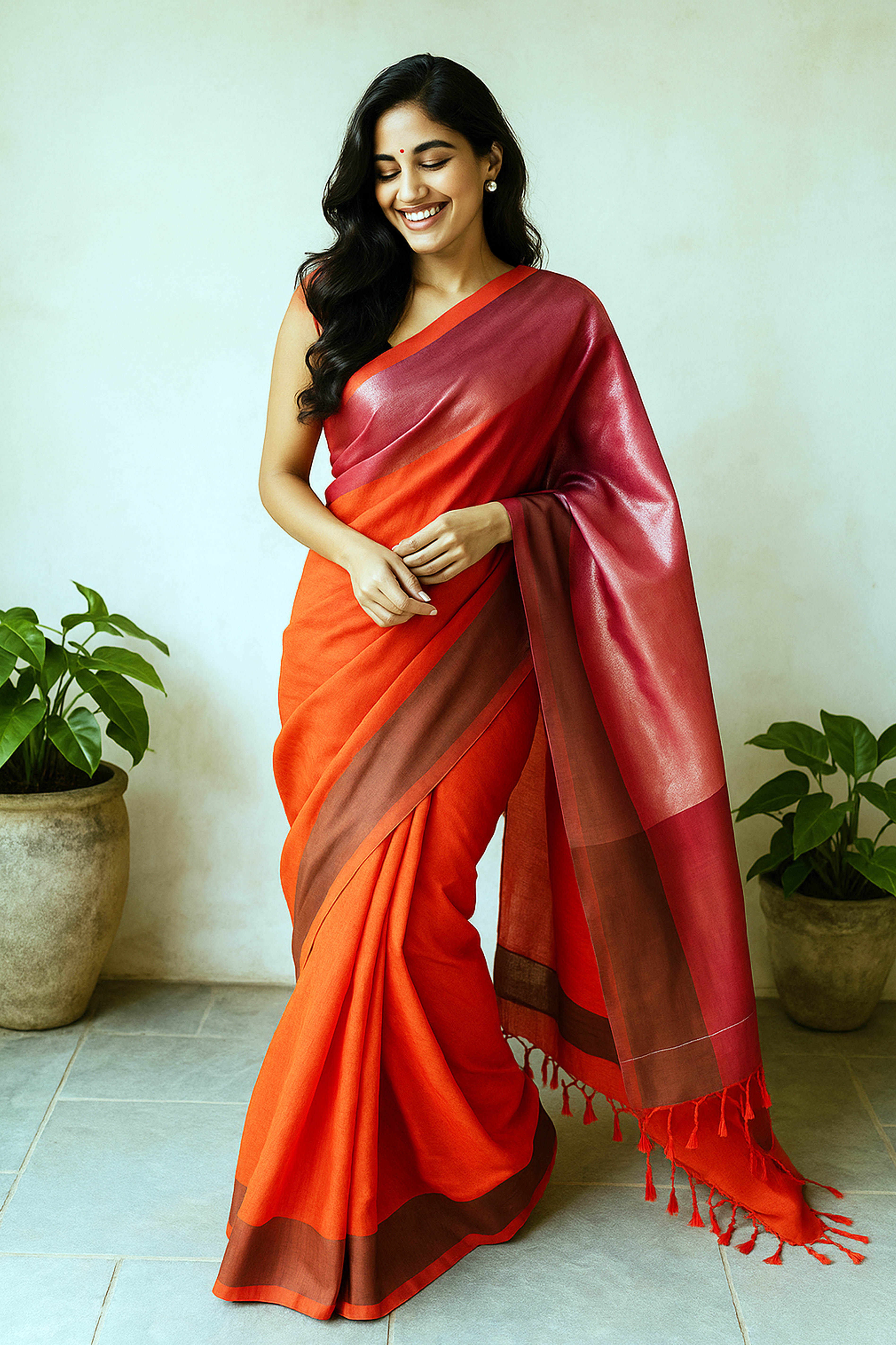 Cotton Saree in Orange with Tissue Pallu - Indian Handloomz