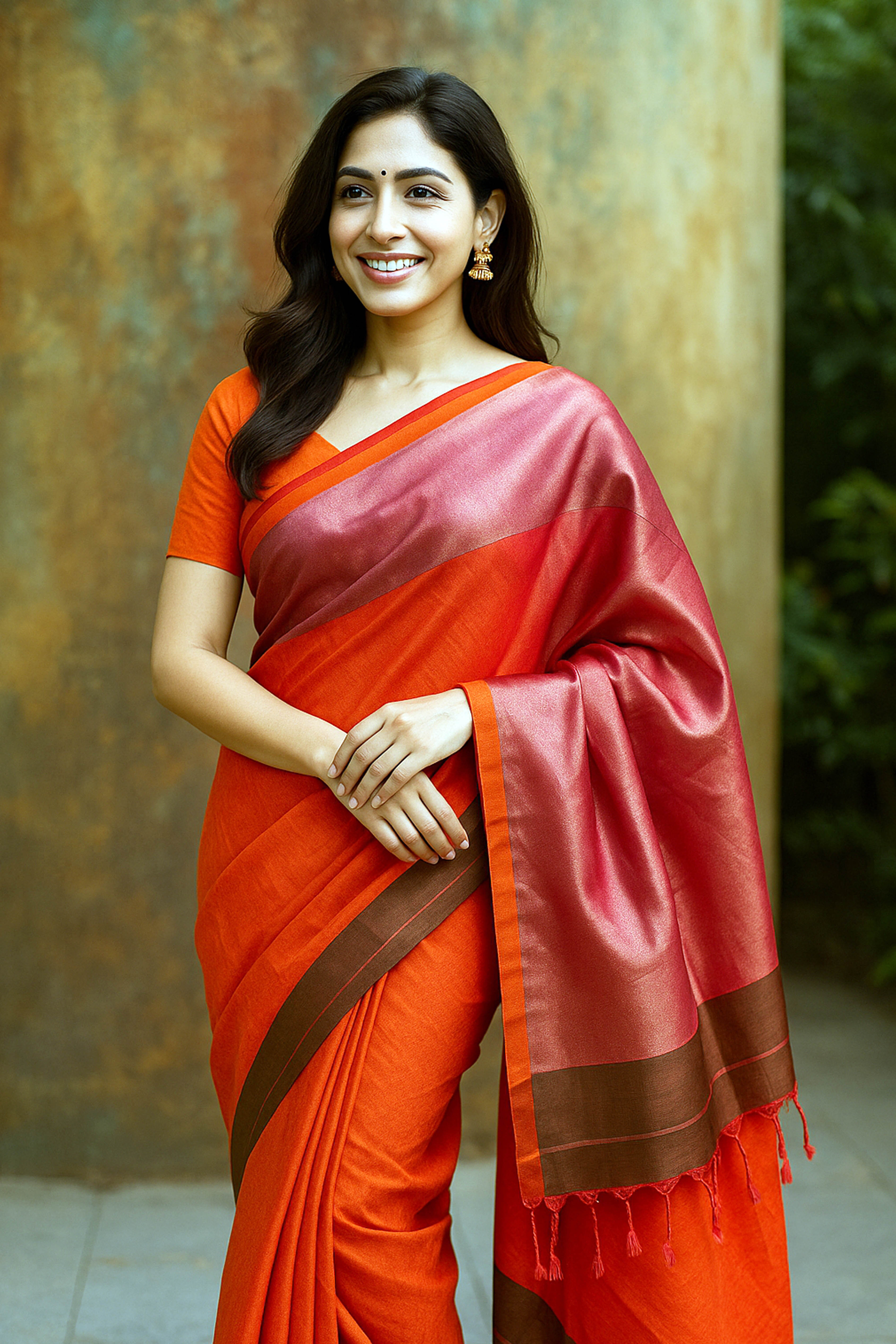 Cotton Saree in Orange with Tissue Pallu - Indian Handloomz