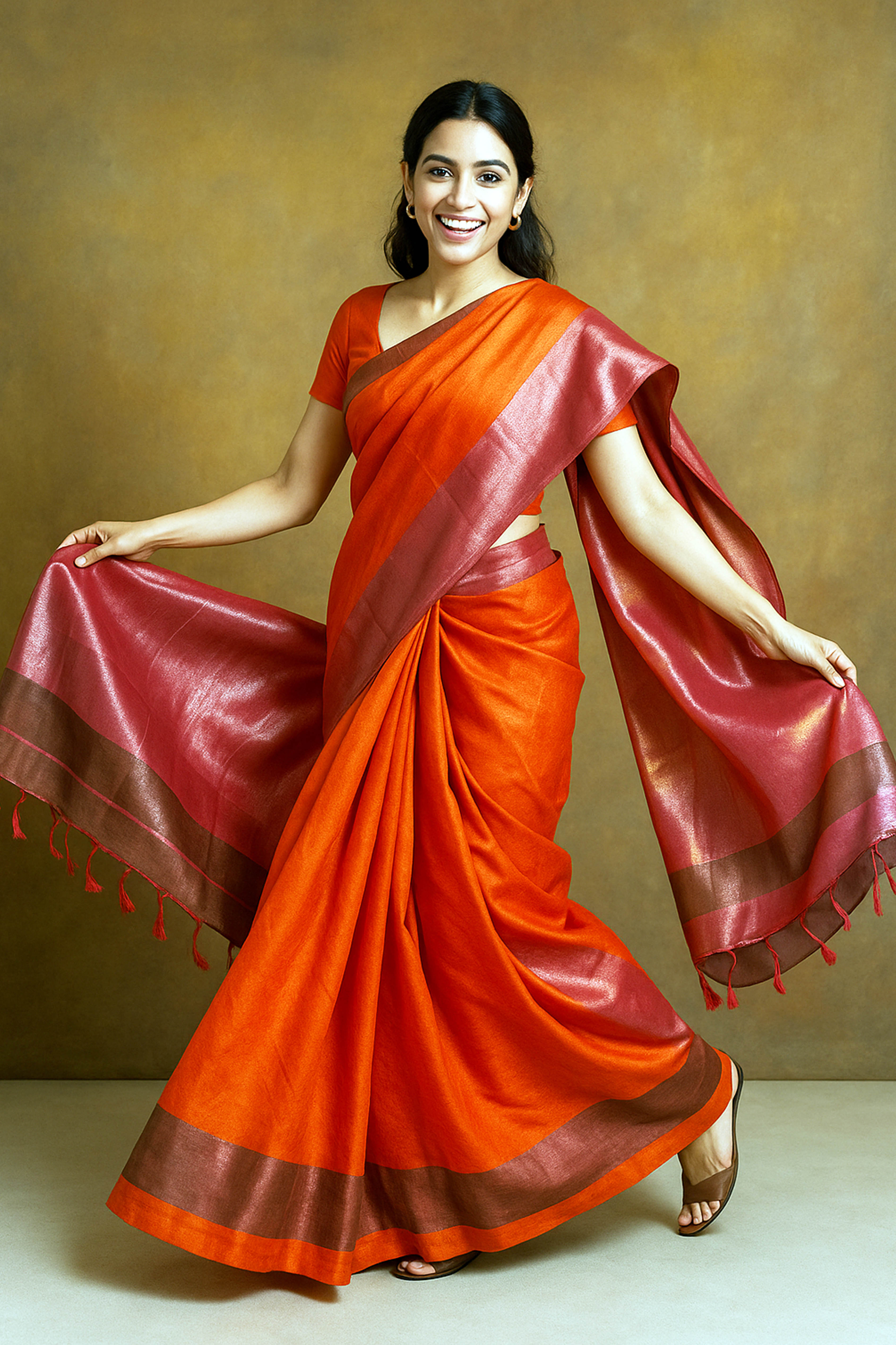 Cotton Saree in Orange with Tissue Pallu - Indian Handloomz