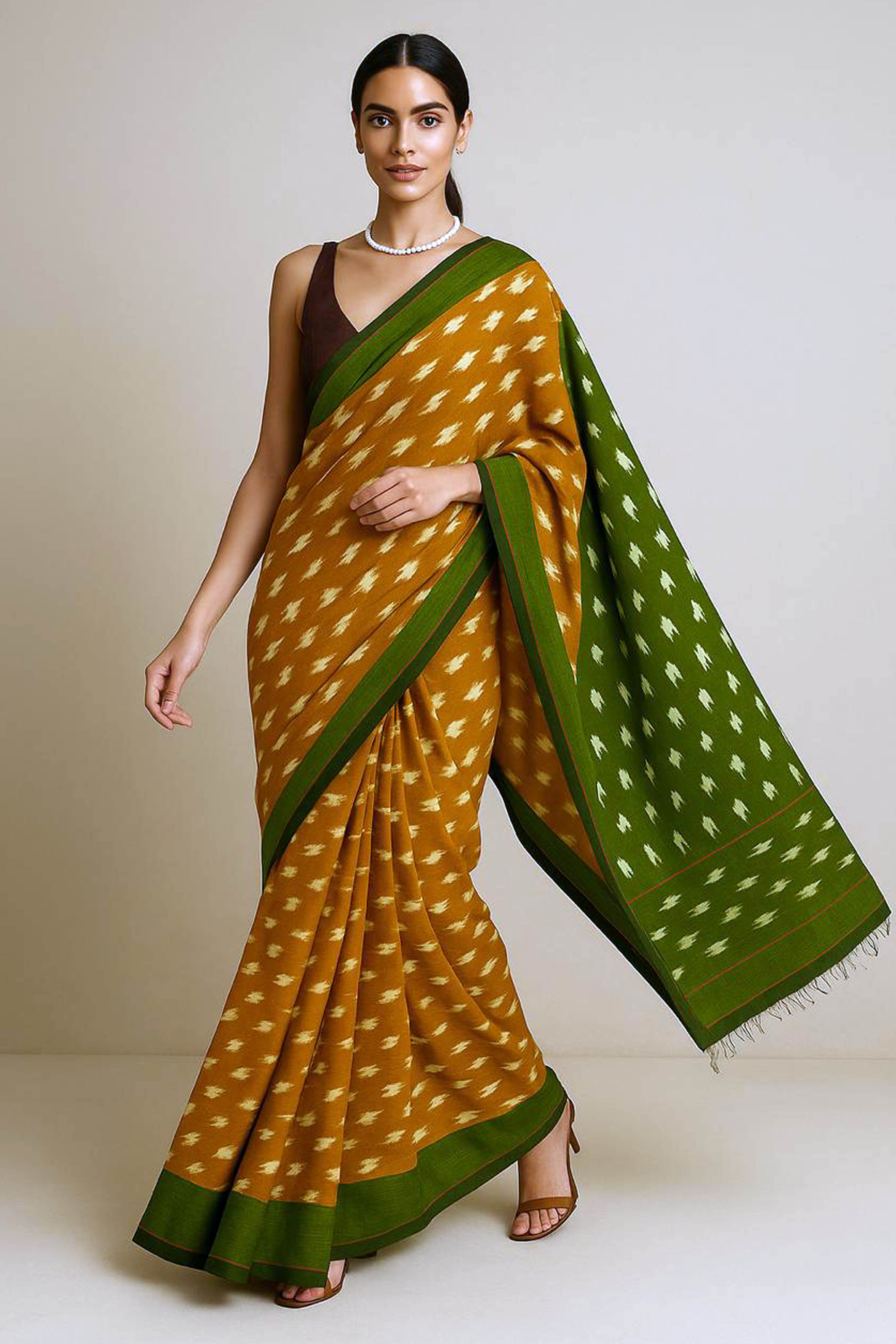Orange & Dark Olive Green Cotton Silk Ikkat Saree - Indian Handloomz