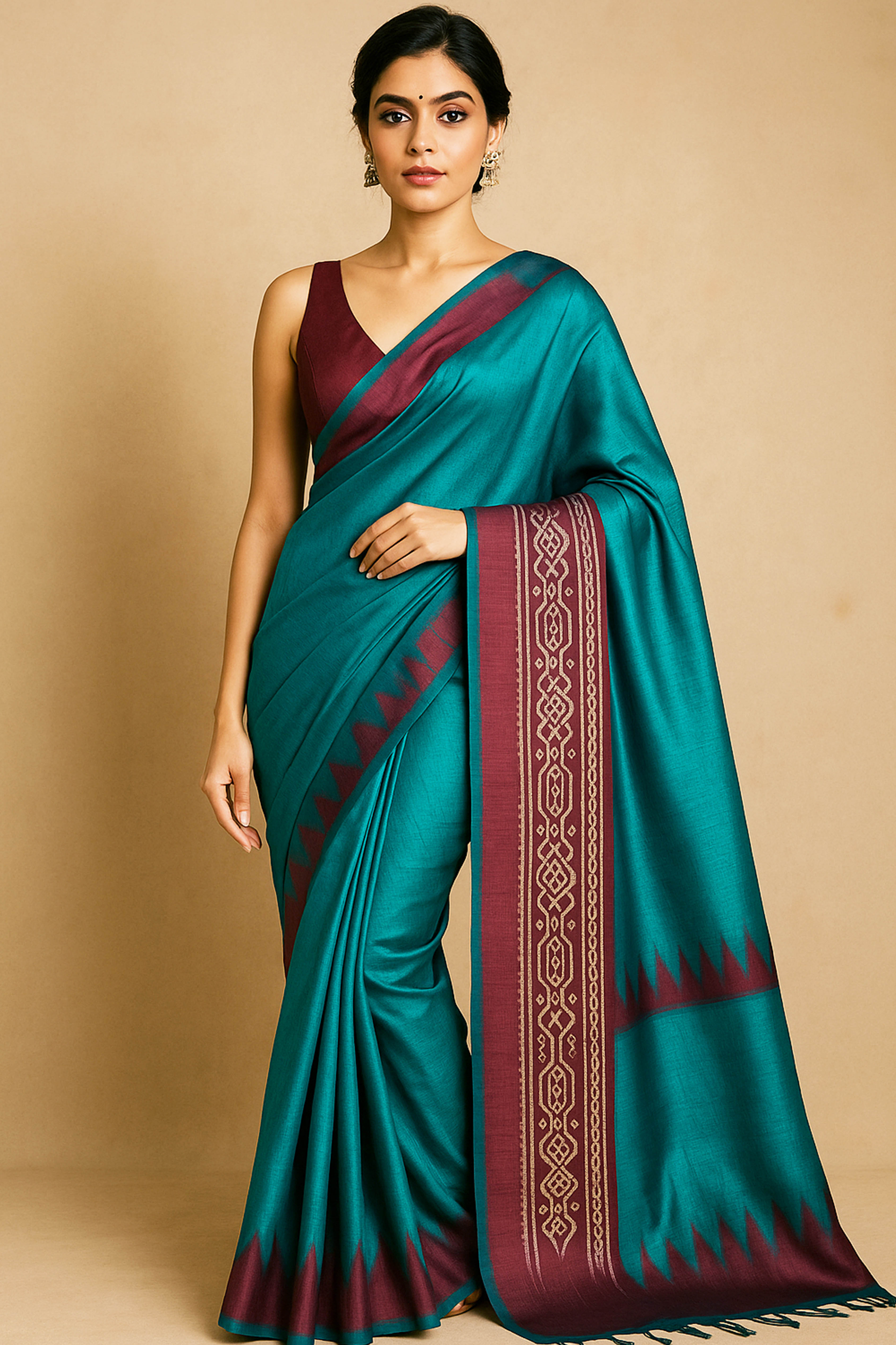 Indrani Pure Ghicha Tussar Silk Saree in Ikkat Design Brown & Green Colour - Indian Handloomz