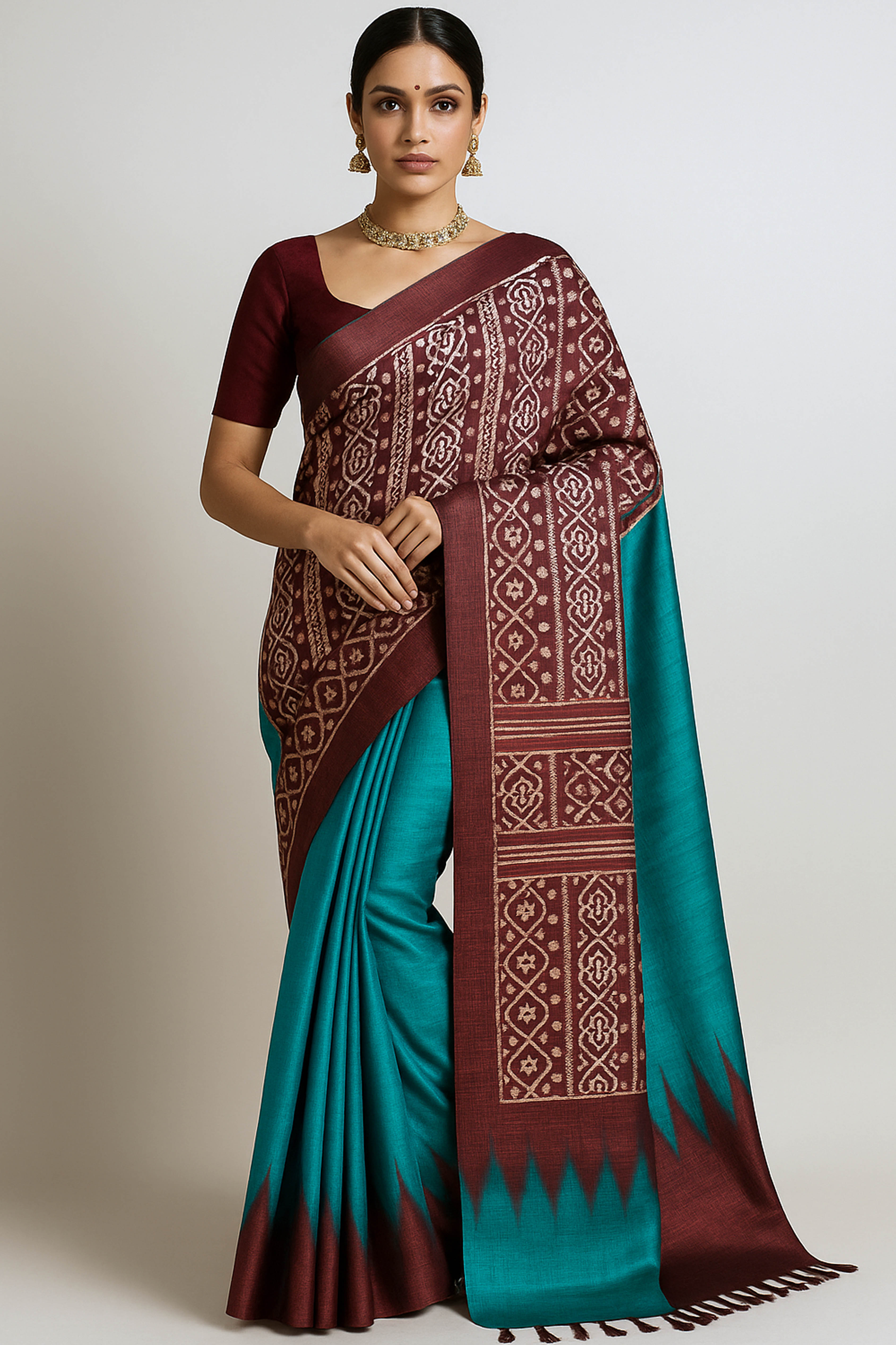 Indrani Pure Ghicha Tussar Silk Saree in Ikkat Design Brown & Green Colour - Indian Handloomz