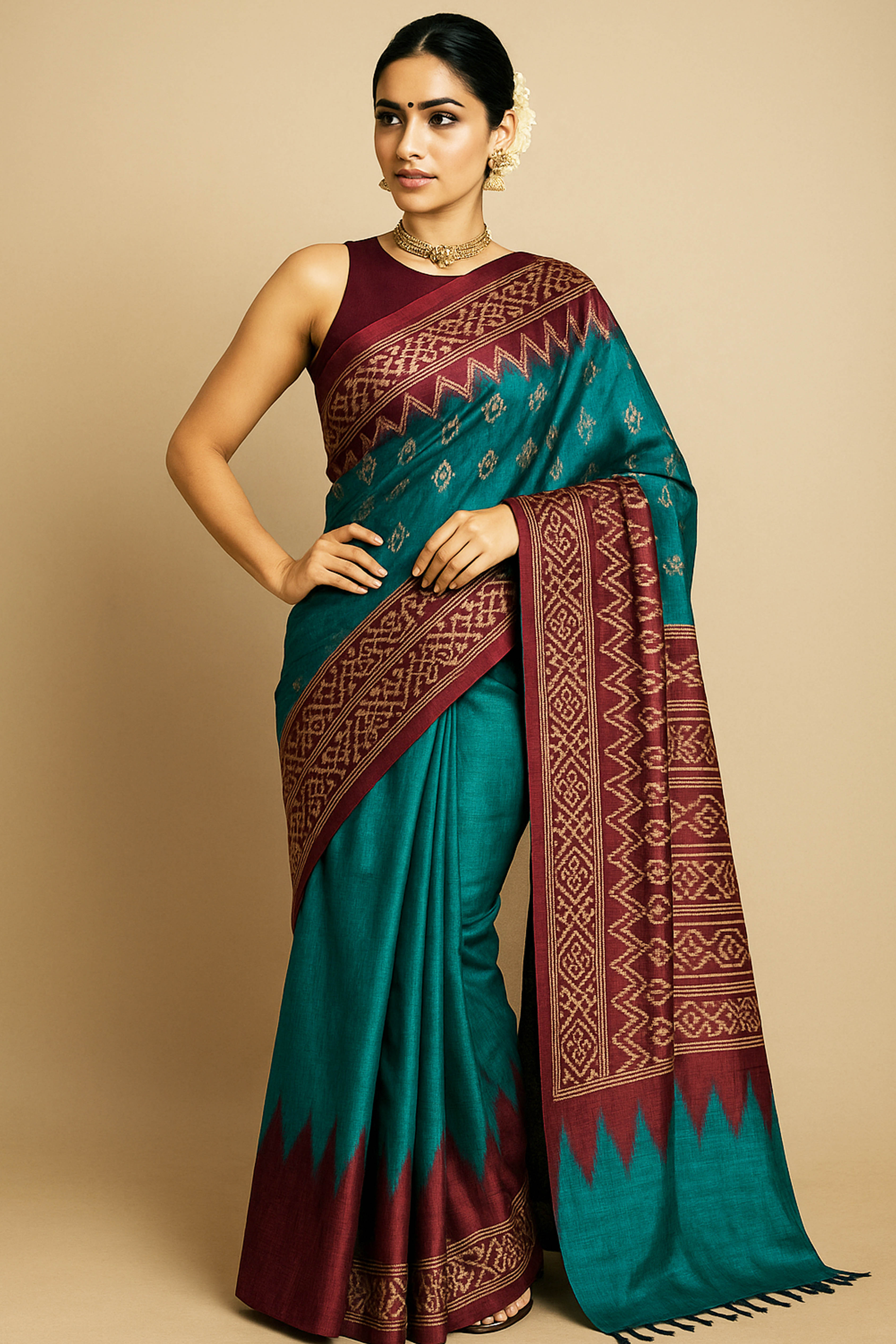 Indrani Pure Ghicha Tussar Silk Saree in Ikkat Design Brown & Green Colour - Indian Handloomz