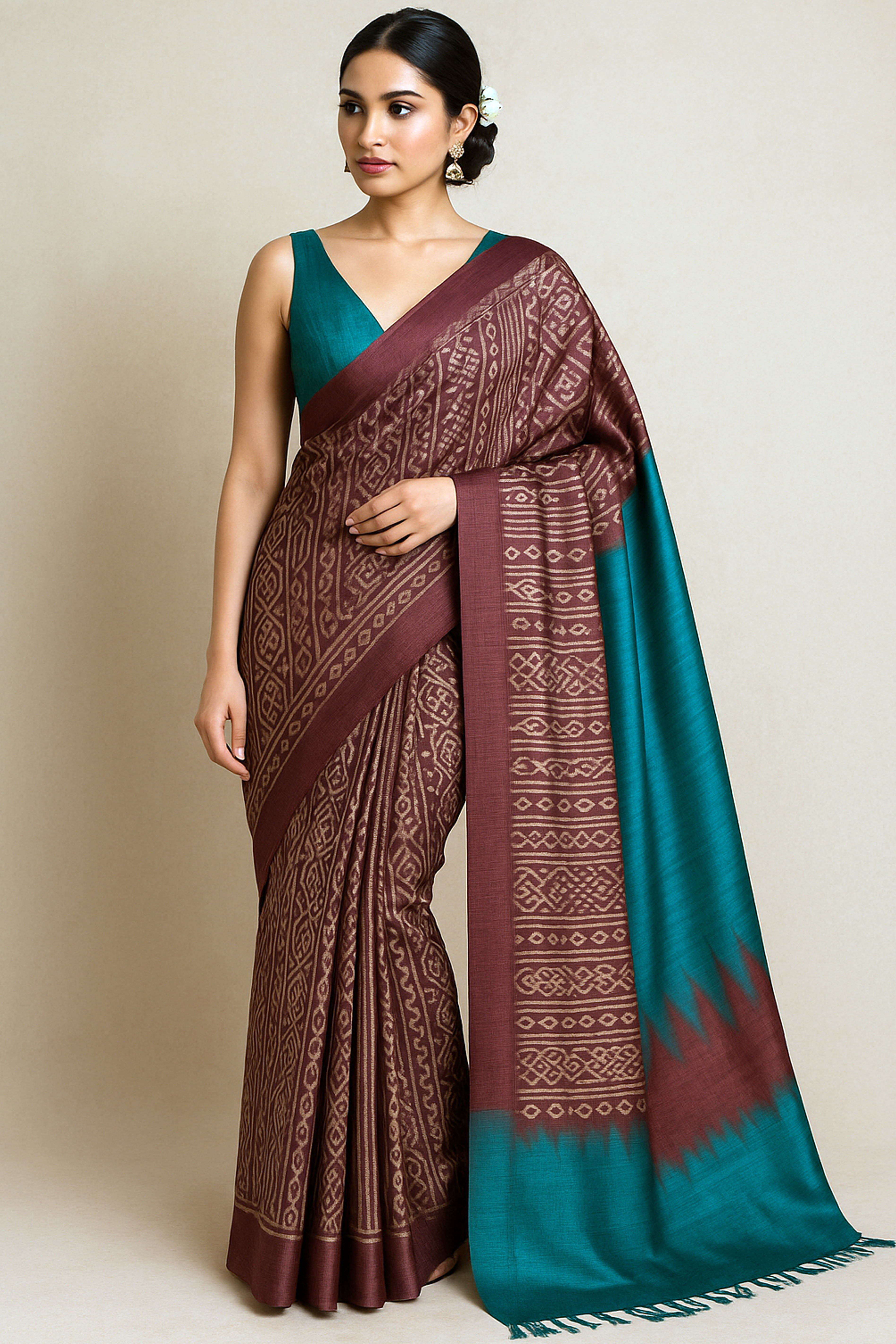 Indrani Pure Ghicha Tussar Silk Saree in Ikkat Design Brown & Green Colour - Indian Handloomz