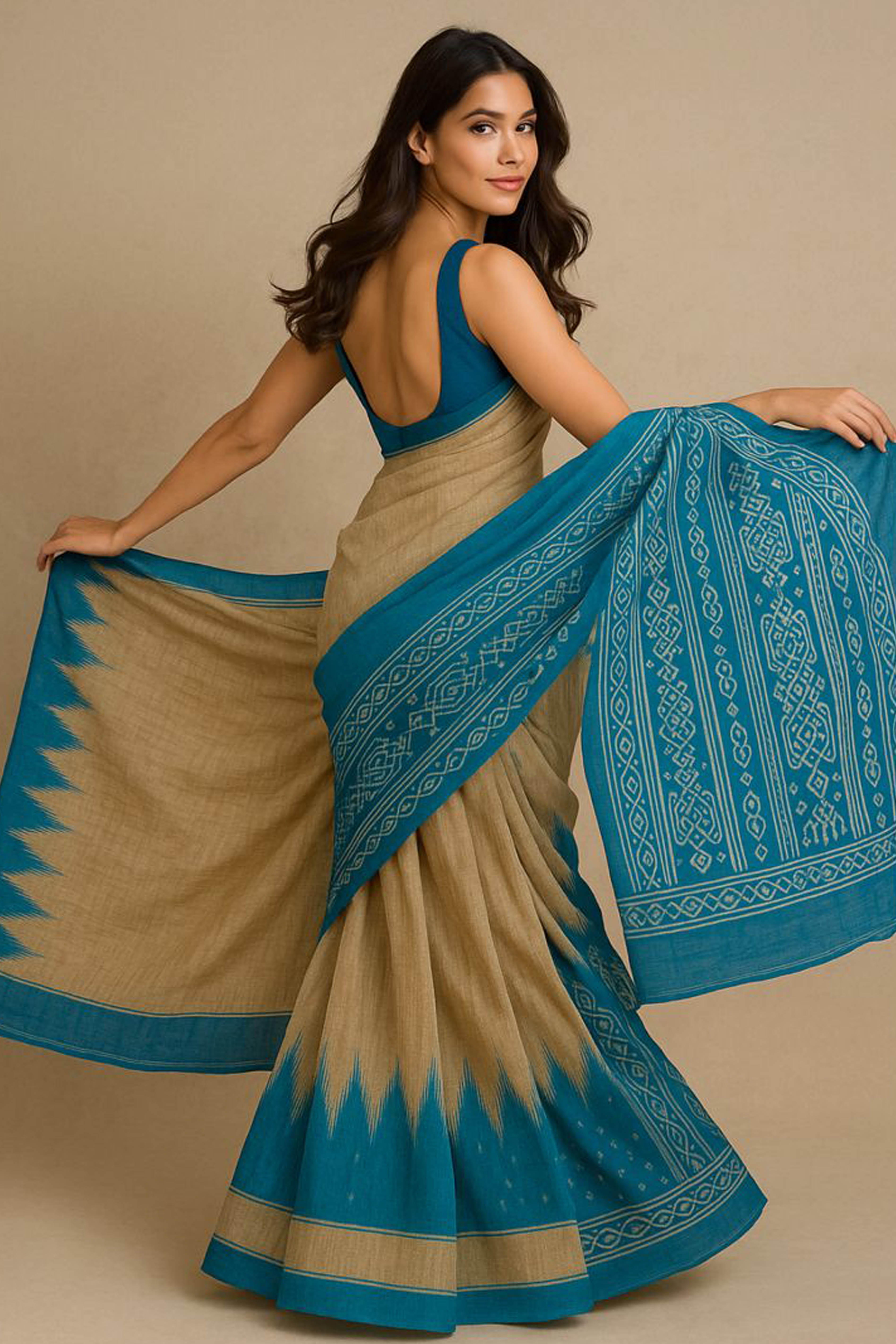 Aksara Pure Ghicha Tussar Silk Saree in Ikkat Design Beige & Peacock Blue - Indian Handloomz