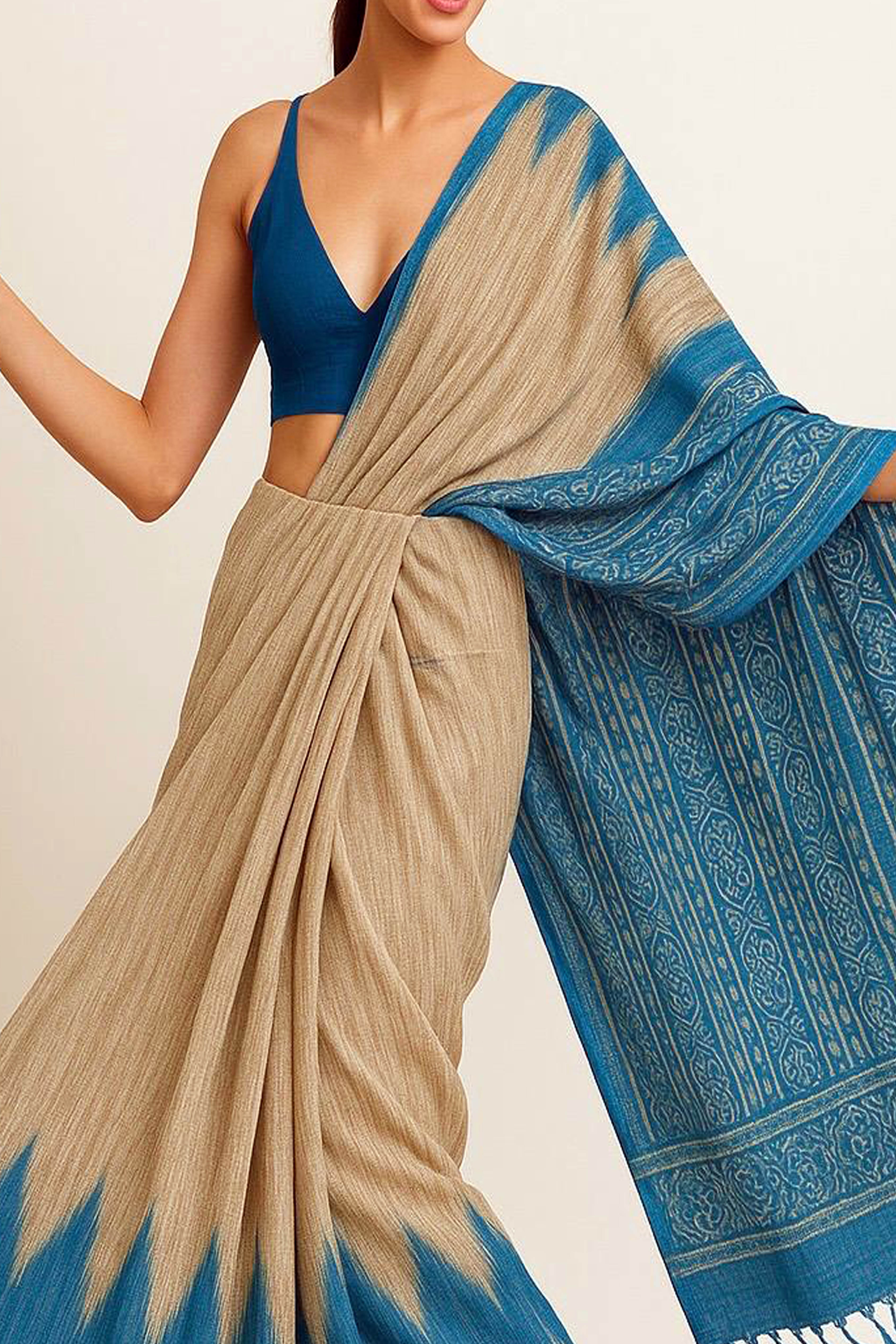 Aksara Pure Ghicha Tussar Silk Saree in Ikkat Design Beige & Peacock Blue - Indian Handloomz