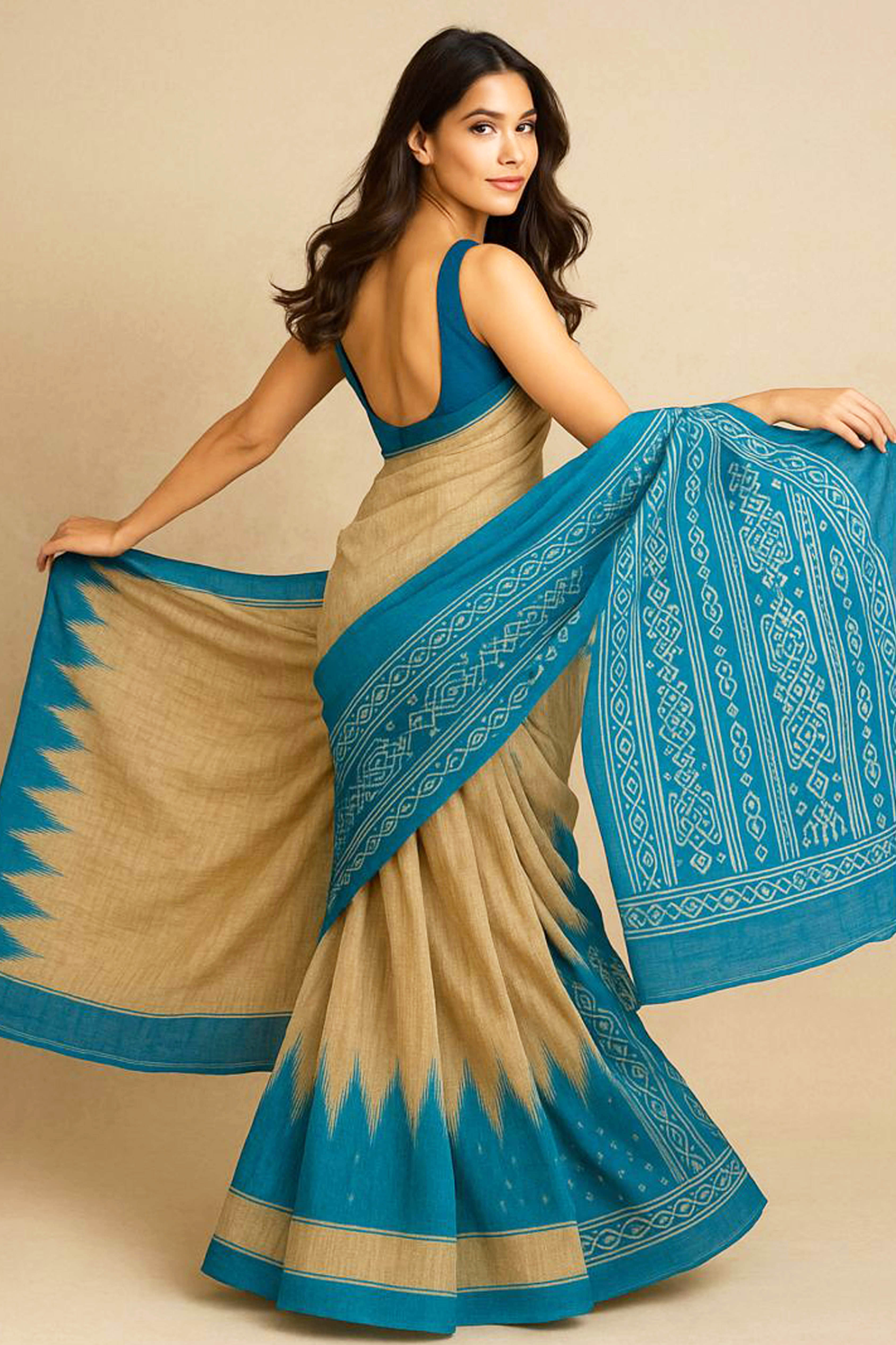Aksara Pure Ghicha Tussar Silk Saree in Ikkat Design Beige & Peacock Blue
