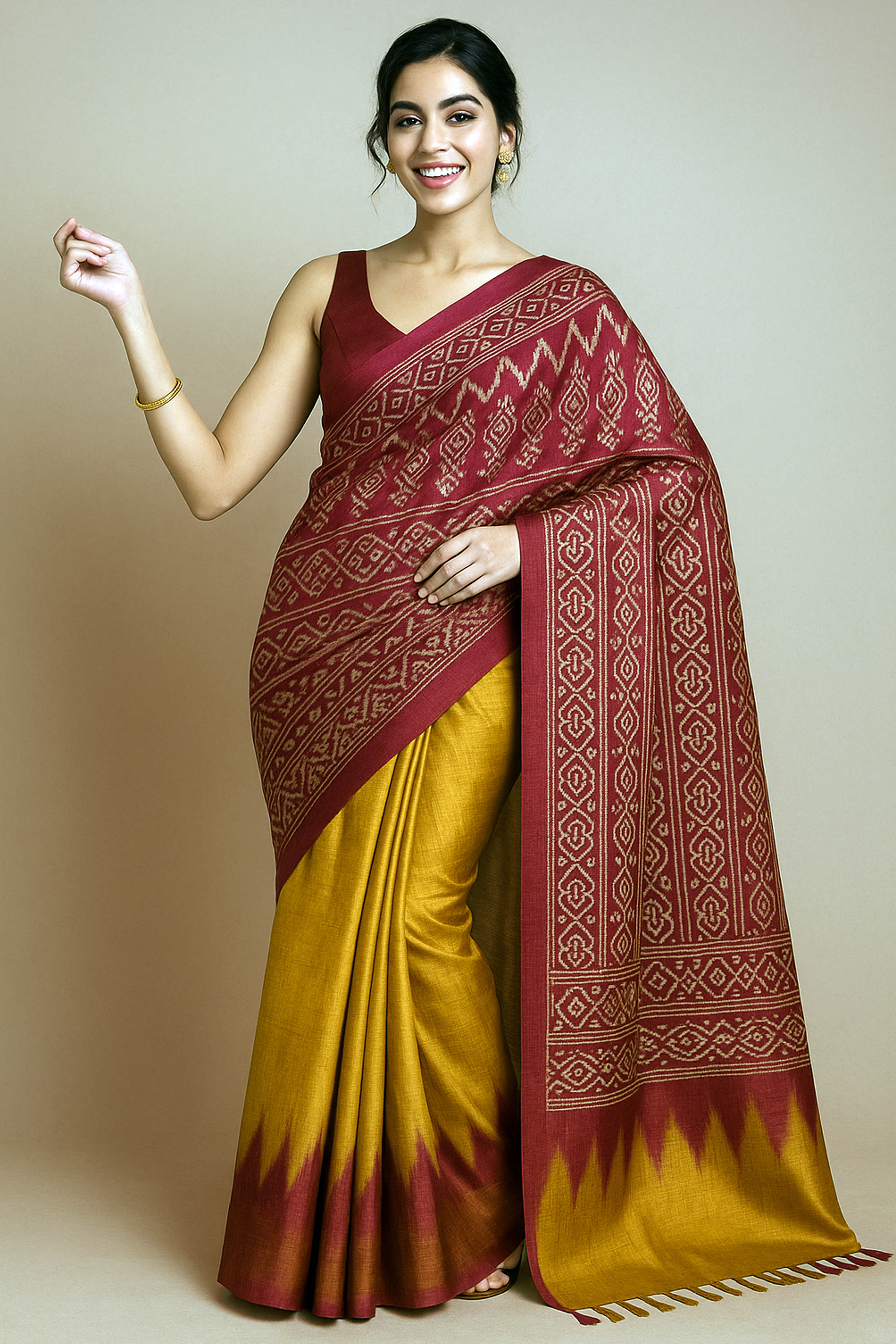 Uttara Pure Ghicha Tussar Silk Saree in Ikkat Design Golden Yellow & Red - Indian Handloomz