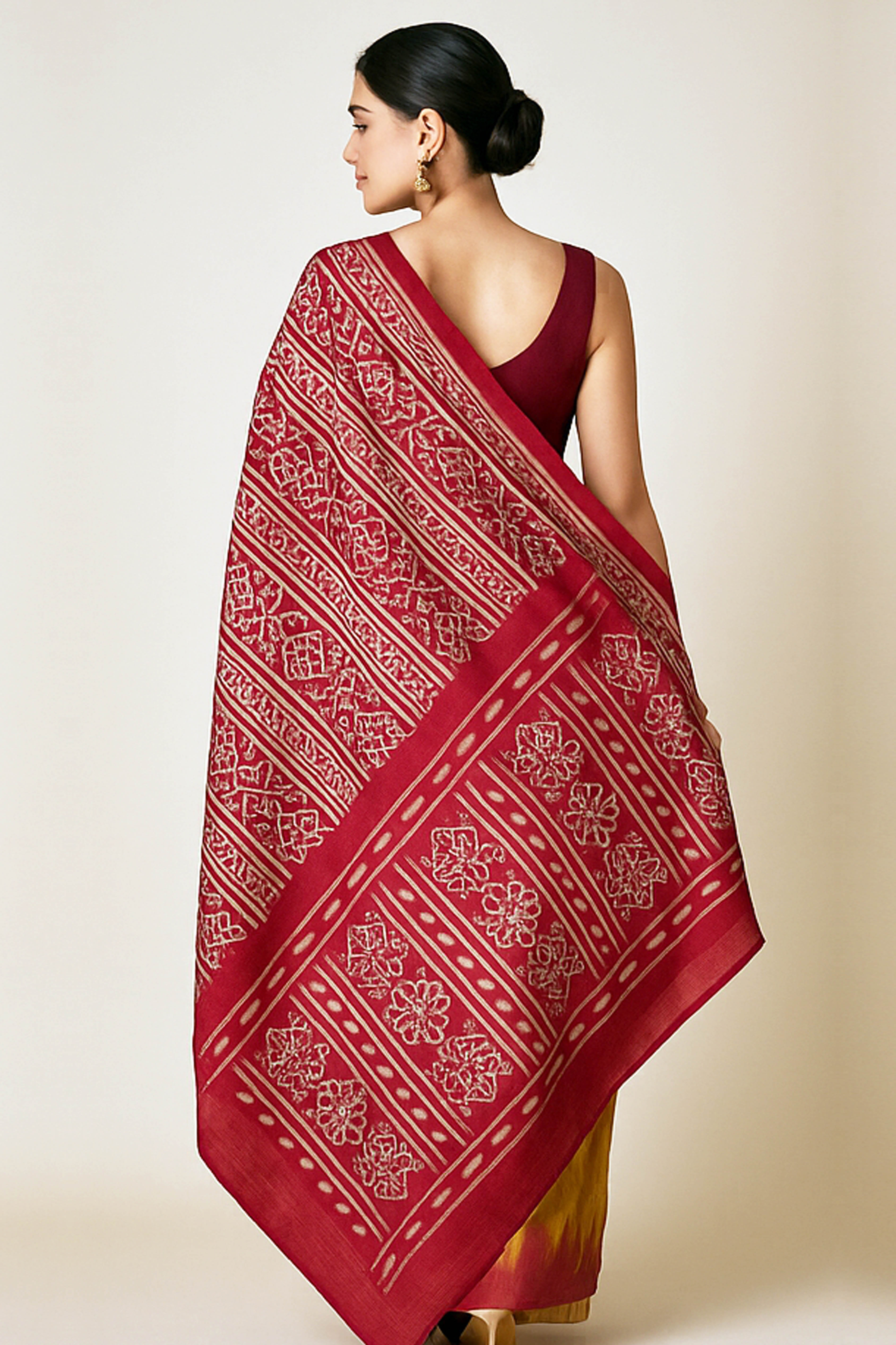 Uttara Pure Ghicha Tussar Silk Saree in Ikkat Design Golden Yellow & Red - Indian Handloomz