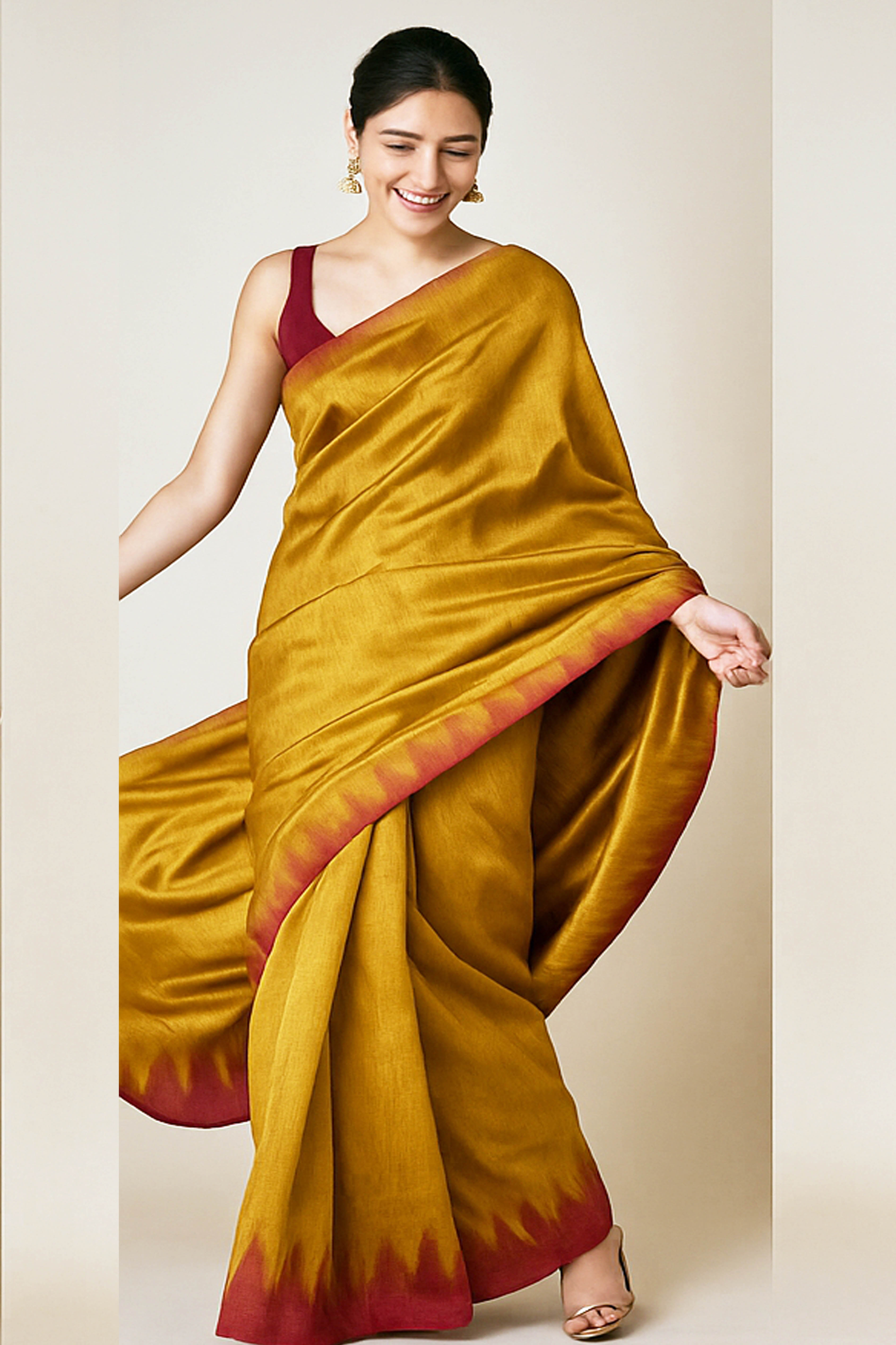 Uttara Pure Ghicha Tussar Silk Saree in Ikkat Design Golden Yellow & Red - Indian Handloomz